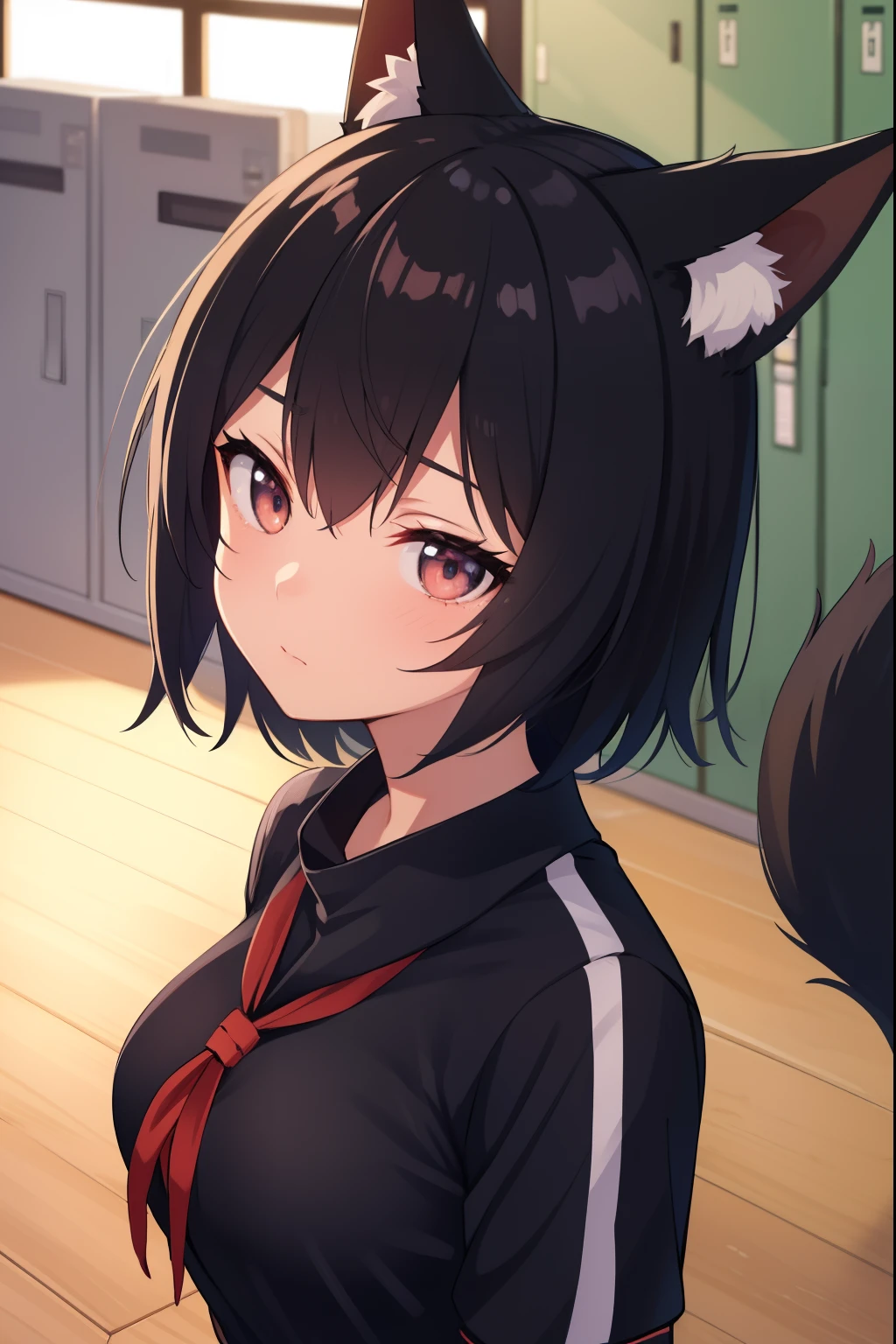 animal earsの綿毛, animal ears, black fox ears, fox girl, Fox tail, 黒いtail.Black short hair, tail, Gym suit,sailor suit, big breasts, cold eyes,locker room, sunset,  looking at the viewer, 