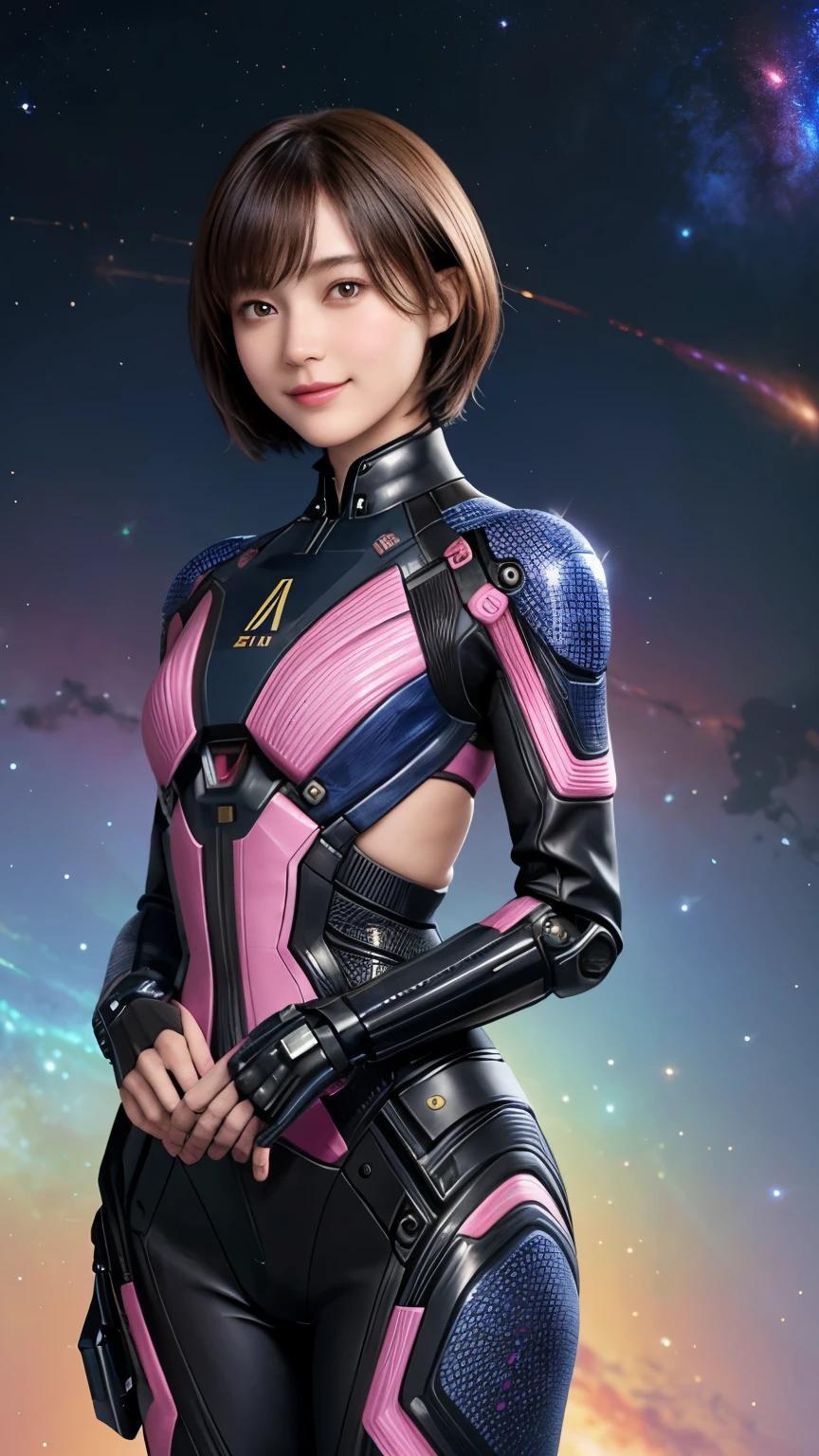 208 Short Hair, 20 year old female, Floral, gentle smile, futuristic clothes, mechanical suit, (The background is a galaxy and nebula)