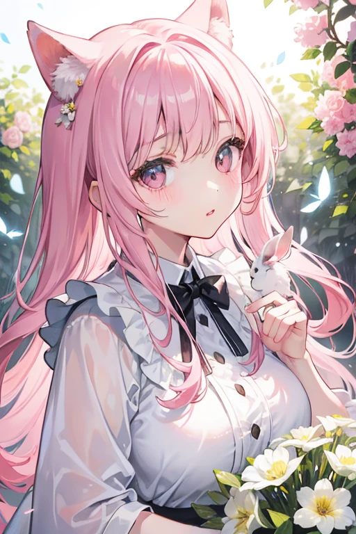 detail, realism, 4K, 15 year old girl, facial details, big eyes, plump lips, upturned nose, Gray hair and pink hair, Wearing a white dress, She is holding a rabbit in her hand, flowers in background, white butterfly in foreground, real shooting, depth of field, Soft headlight, glow, high dynamic range (pastel colors: 1.2), Canon RF 100mm F2.8L Macro IS USM