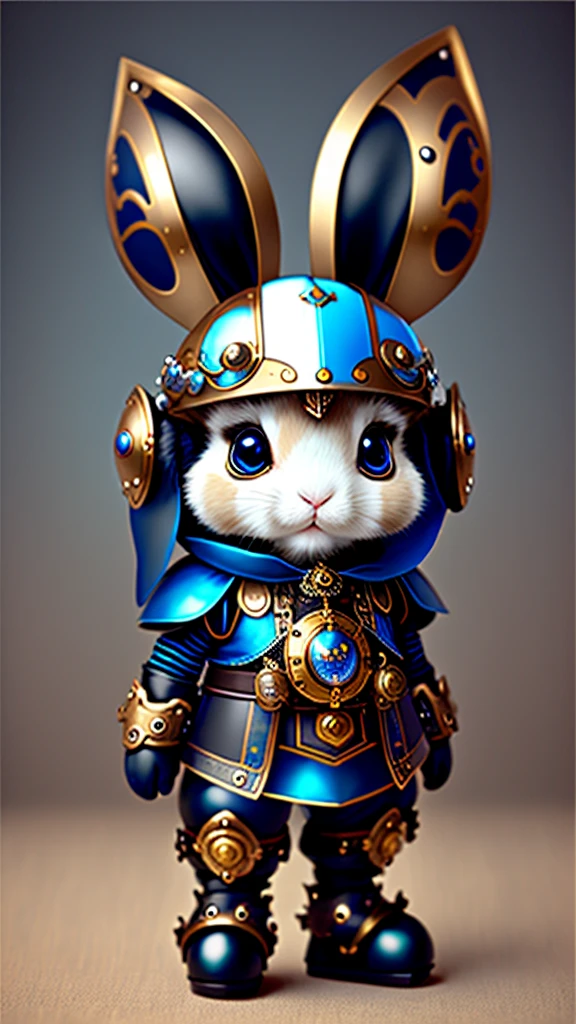 Cute bunny, shiny armor, style steampunk, ram-rabbit, 2 small broken ears, big blue eyes, black little ears, one black eye
