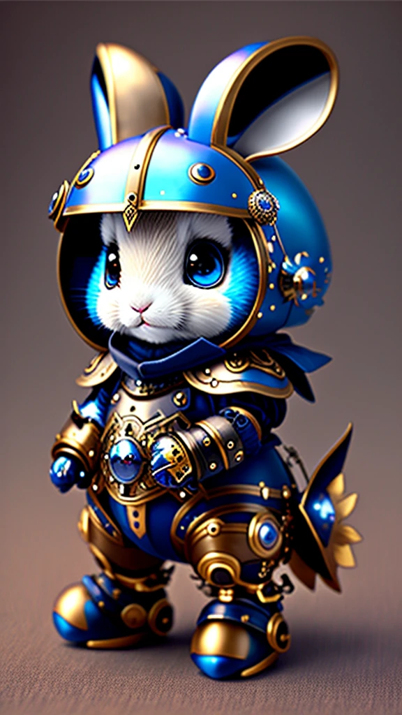 Cute bunny, shiny armor, style steampunk, ram-rabbit, 2 small broken ears, big blue eyes, black little ears, one black eye