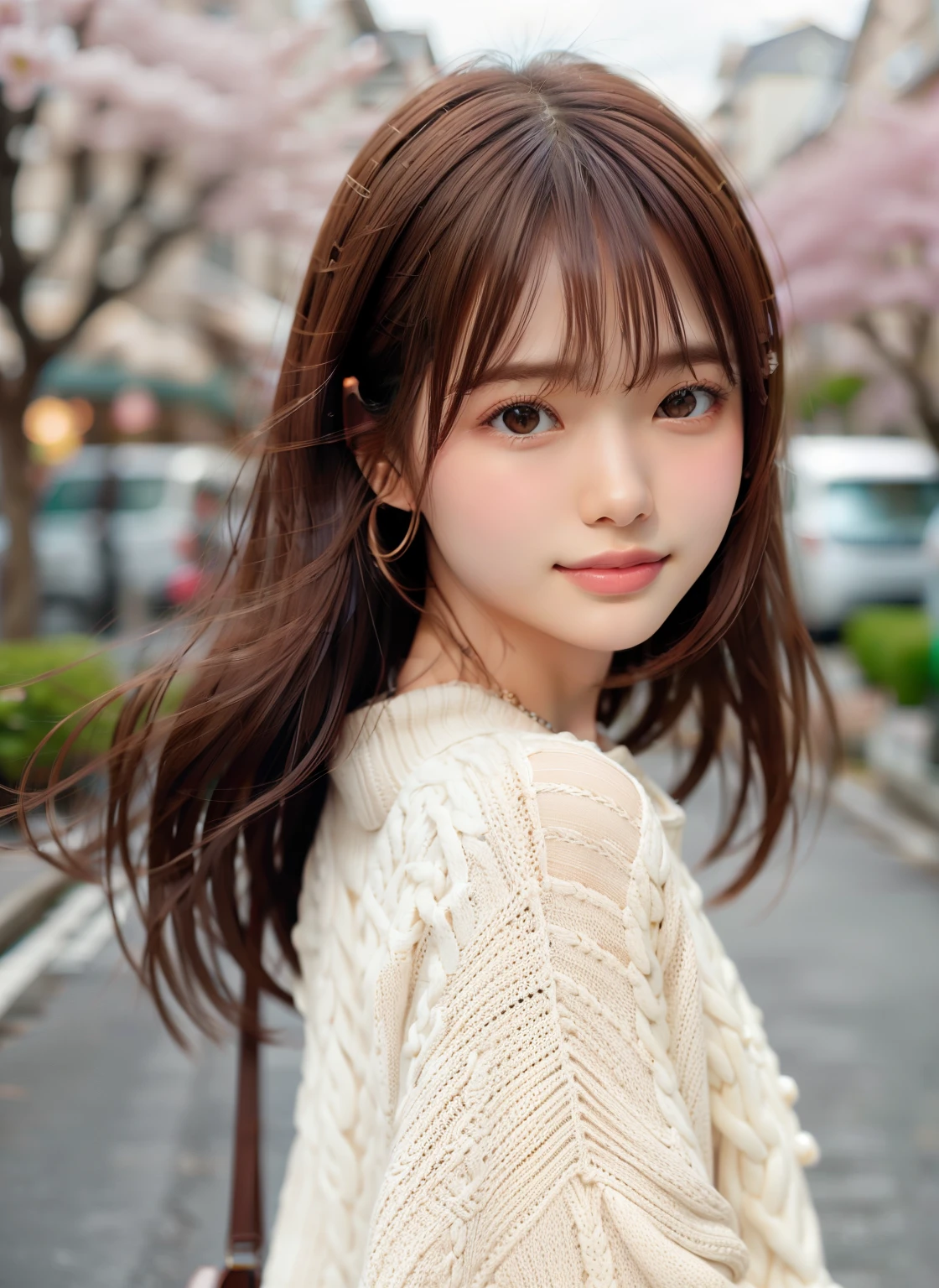 1 girl,(ivory sweater:1.4),, (RAW photo, highest quality), (realistic, Photoreal:1.4), table top, very delicate and beautiful, very detailed, 8k wallpaper, wonderful, finely, very detailed CG Unity, High resolution, soft light, Beautiful detailed 19 year old girl, very detailed目と顔, beautifully detailed nose, finely beautiful eyes,cinematic lighting,standing on a row of cherry blossom trees,perfect anatomy,slender body,smile  (asymmetrical bangs, light brown hair,)