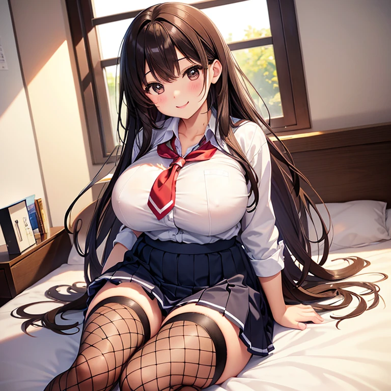 high school girl、Japanese、、Fair skin、Plump、smile、uniform、big breasts、long brown hair、mini skirt、on the bed、shy、In lingerie、Fishnet tights、A face in heat