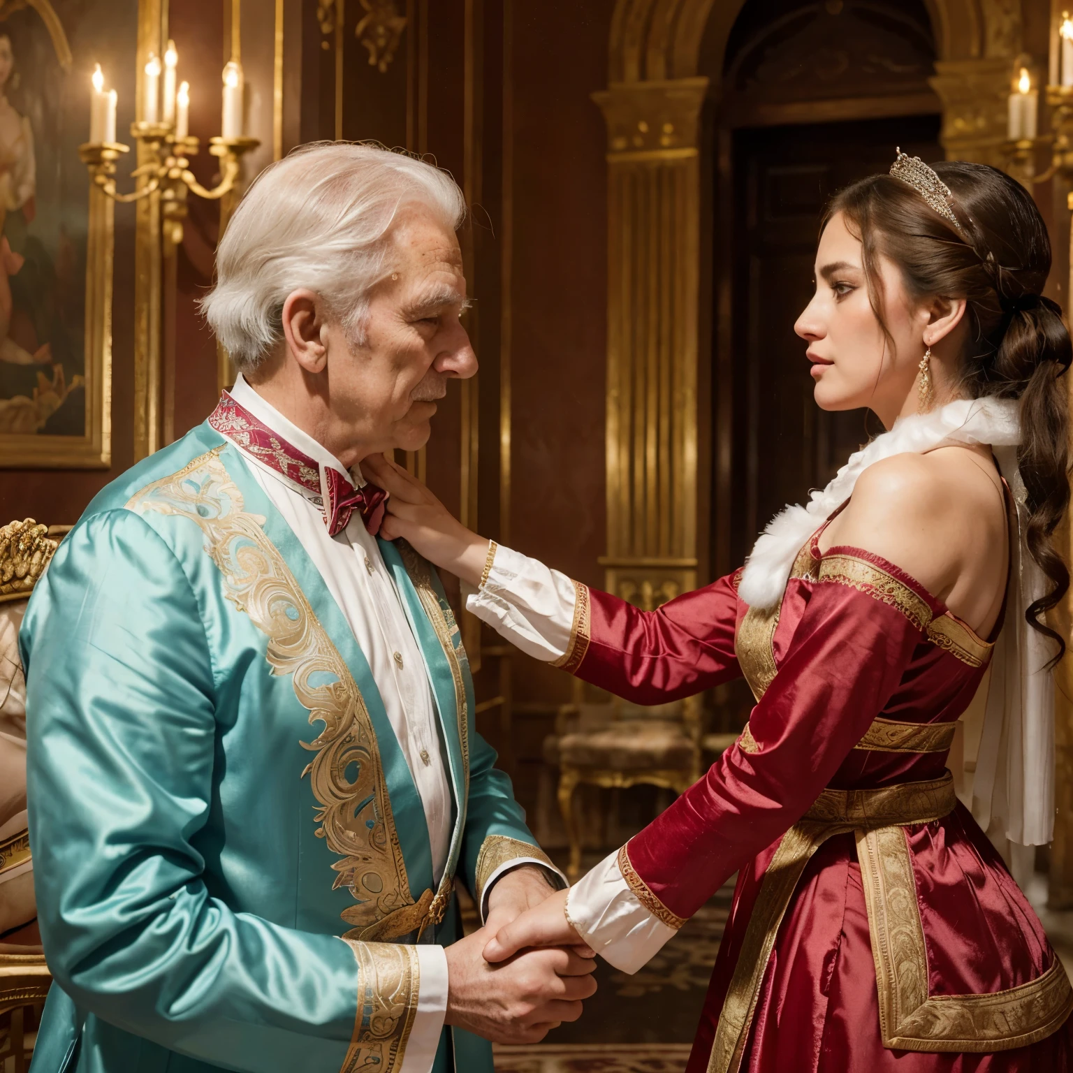 Beautiful Old Man Expresses Love to Ten Beautiful Women in the Palace, Masterpiece, Romantic Old Man, Passionate Elderly Suitors, Stunning Women, Ten Beautiful Women, Palace Setting, Love Scene, Detailed Characters, Realistic, unclothed, Elegant, Swimming pool background , Soft Lighting, Intimate Moments, Emotional Connection.