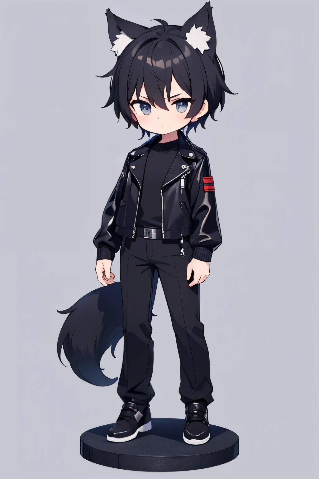 1 man,1 boy,Wolf Man,black leather jacket,gray background,anime,black short hairs,full body,standing,high resolution,Landscape,chibi,white inner,lower both two hands,Empty-handed,chibi,black hairs,black tail,black long pants,