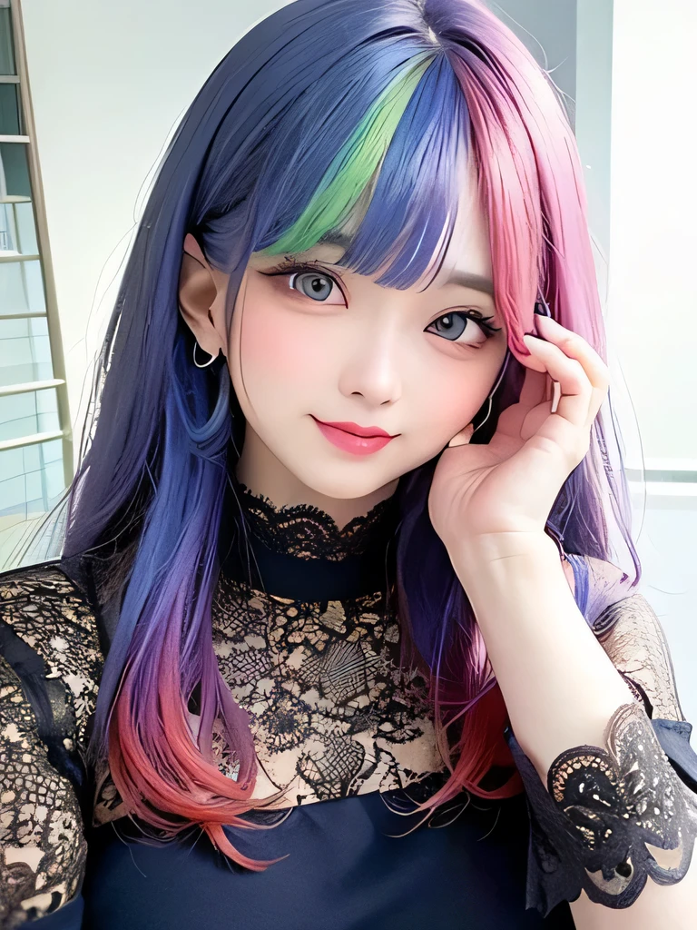 small face、 )Super detailed,bright colors, very beautiful detailed anime face and eyes, look straight, shiny_skin,girl, (((rainbow colored hair, colorful hair, Half blue、half red hair: 1.2))), 、shiny hair, delicate beautiful face, blush、Glasses、(turquoise eyes), , Valletta, earrings,、((flower garden、sunset、luxury hotel))、((silver、translucent、short sleeve、Floral、lace blouse))、(twin tails)、(drunk、smile、sleepy face、Smile)、cheerful pose、dynamic、Upper body、
