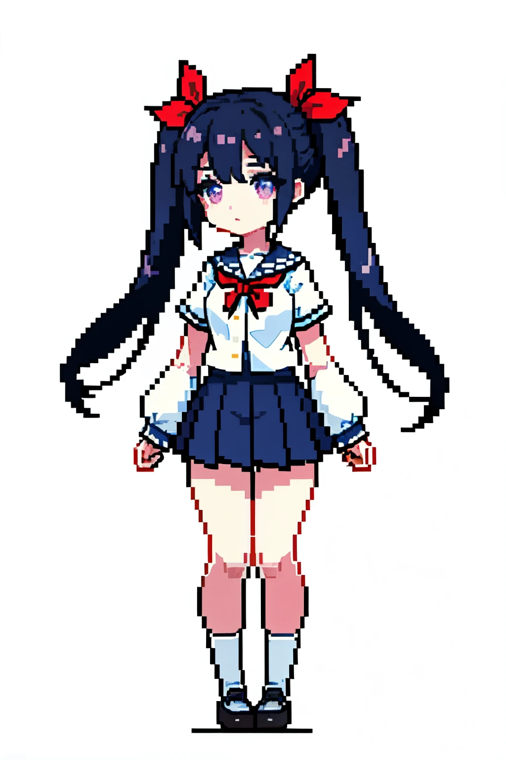 table top, highest quality, High resolution, alone Focus, thick outline, cute, character pastel color palette, 1 girl, alone, cotton candy pink eyes, :3, facing backwards, winter,, cityscape,white thighs、black hair、twin tails、Japanese height 、high school student、、red ribbon、dark blue skirt、dark blue socks