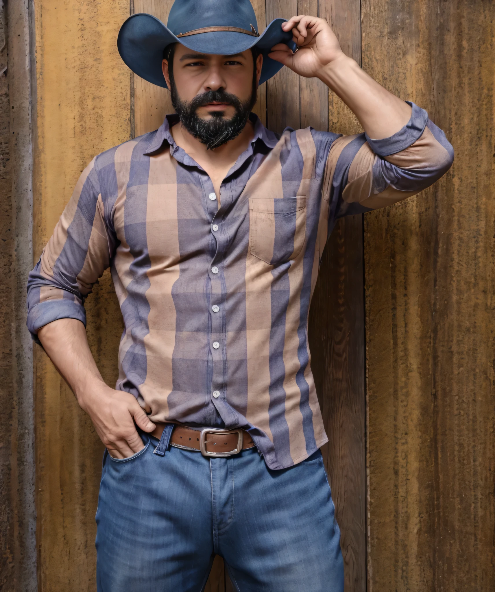 Obra maestra, desenfoque de campo, Parte superior del cuerpo, hands in pants pockets , 38 year old man with beard and cowboy hat. Man wearing a checkered shirt in an action movie with long guns, con cielo rojo de fondo.