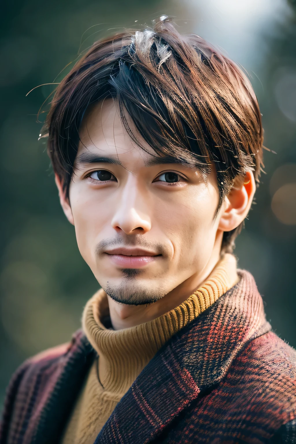 Photoreal, 8k Full Length Portrait, Handsome, A 29-year-old man, A charming expression that mixes Yutaka Takenouchi, Detailed details of the face, Tokyo city, winter, against the background of nature