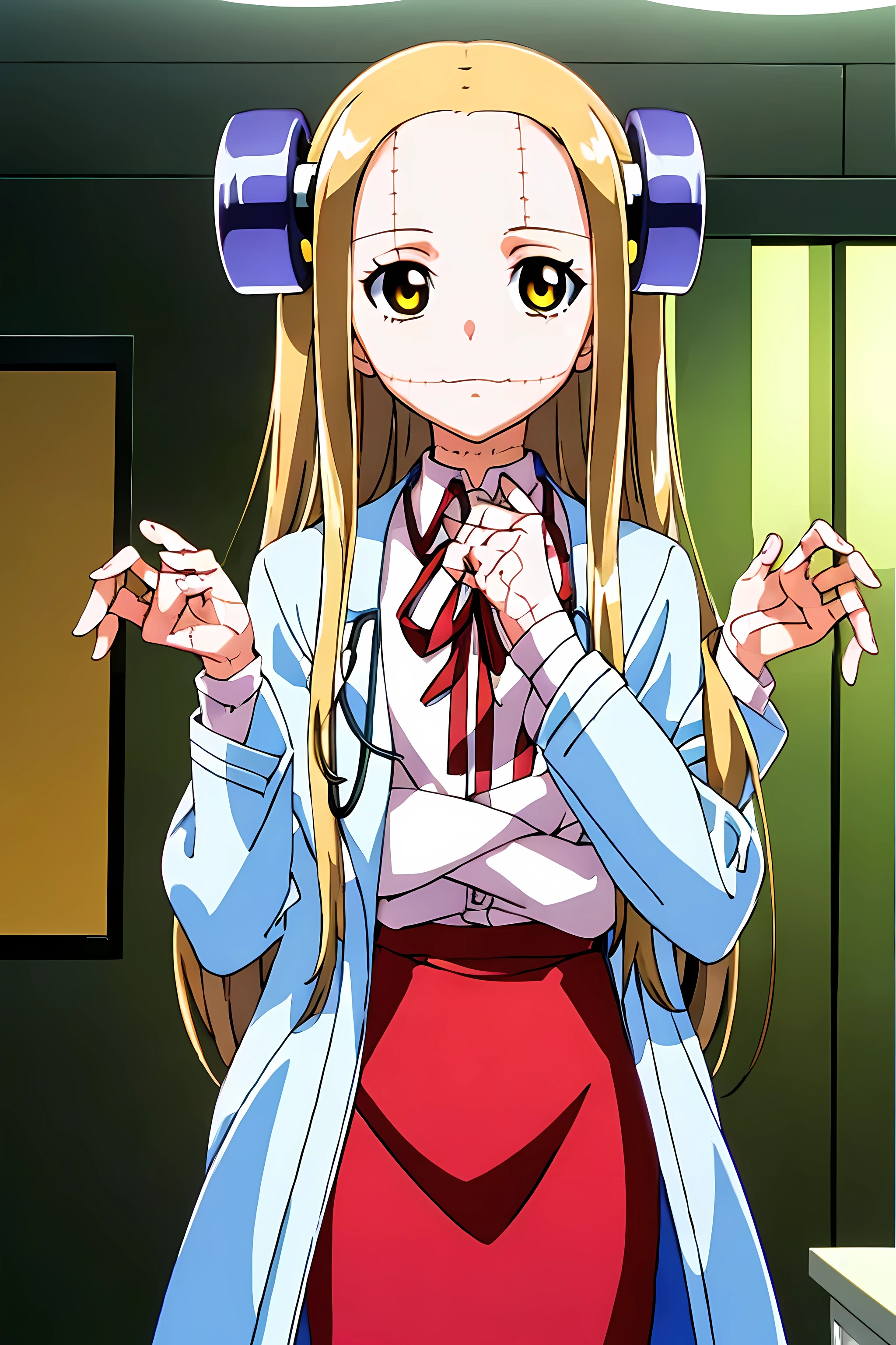 (highest quality:1.3),(ultra-become familiar with:1.5),High resolution,extremely become familiar with CG,unity 8k wallpaper,official art,become familiar with,super become familiar with skin,perfect anatomy,beautiful become familiar with eyes,(anime screenshot:1.11),very delicate and beautiful,(90s anime,90s anime style,cel shaded anime:1.17),1 girl,anmnr, ((madaraki_fran:1.52)),Light blonde long hair,brown eyes,(((doctor’s coat)))),stitch,body scars,Creepy look,closed mouth smile,Drooping eyes,(extra arms:1.3),