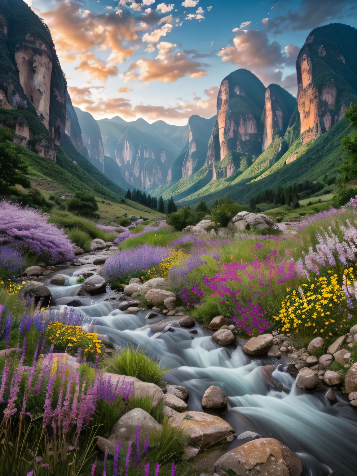 painting of a valley with a stream running through it, in a valley, valley, lush valley, lovely valley, stunning scenery, vast lush valley flowers, stunning scenery, stunning scenery, peaceful scenery, epic beautiful scenery, Beautiful scenery, Fabulous Huashan, Detailed 4k painting, 8K resolution digital painting, 8k resolution digital, fantasy art landscape