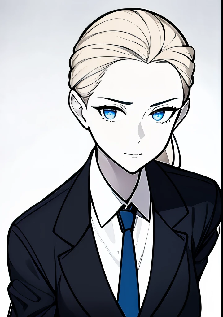 One Young Adult female, pale blonde slicked back into a short ponytail with a single bang on the left hand side, steel blue eyes, light and carefree expression, wearing black suit jacket and tie, portrait style, facing forwards
