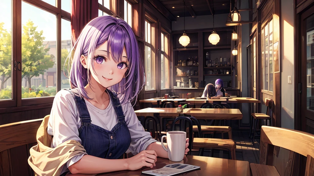 (original photo, best quality), 1 purple haired girl, Aster, natural lighting, Upper body, cafes, Smile, Satosh Khan Art Style