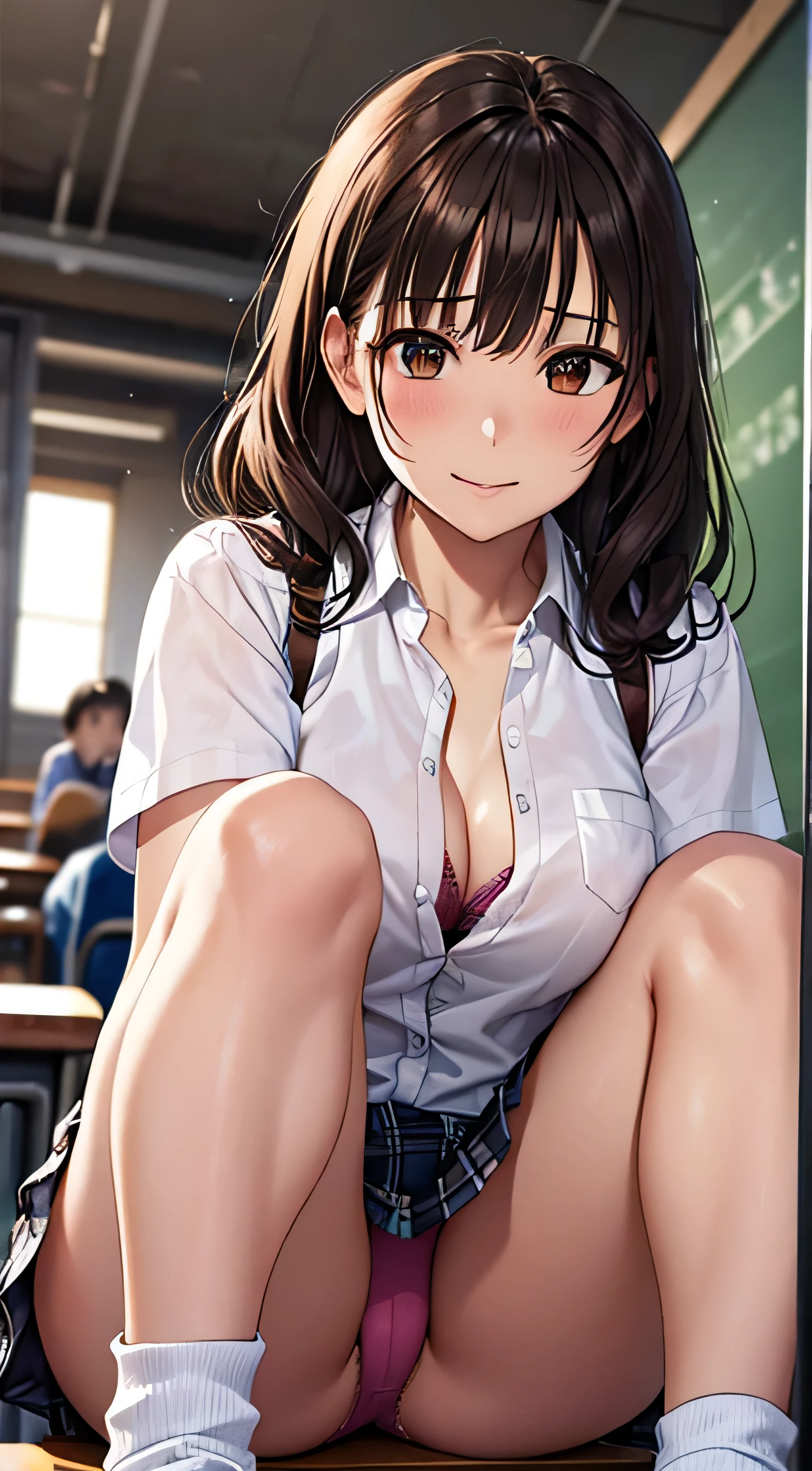 ((table top, highest quality, High resolution, nffsw, perfect pixel, 4k, nffsw, nffsw))), 1 girl, single, alone, beautiful woman、I could see the whole body、 ((short wavy hair, bangs, brown hair)), ((brown eyes, beautiful eyelashes, realistic eyes)), ((detailed face, blush:1.2)), ((smooth texture:0.75, realistic texture:0.65, realistic:1.1, Anime CG style)), medium breasts, dynamic angle, perfect body, ((school uniform,  white shirt, black skirt, unbuttoned shirt、plaid skirt、not wearing shoes、white socks)), classroom without people、sit at desk、..、evening、、、Very embarrassing panic smile、(lift the skirt with your right hand、open your legs、open your knees wide、pink floral lace panties)、、(pink lace bra)、angle from below