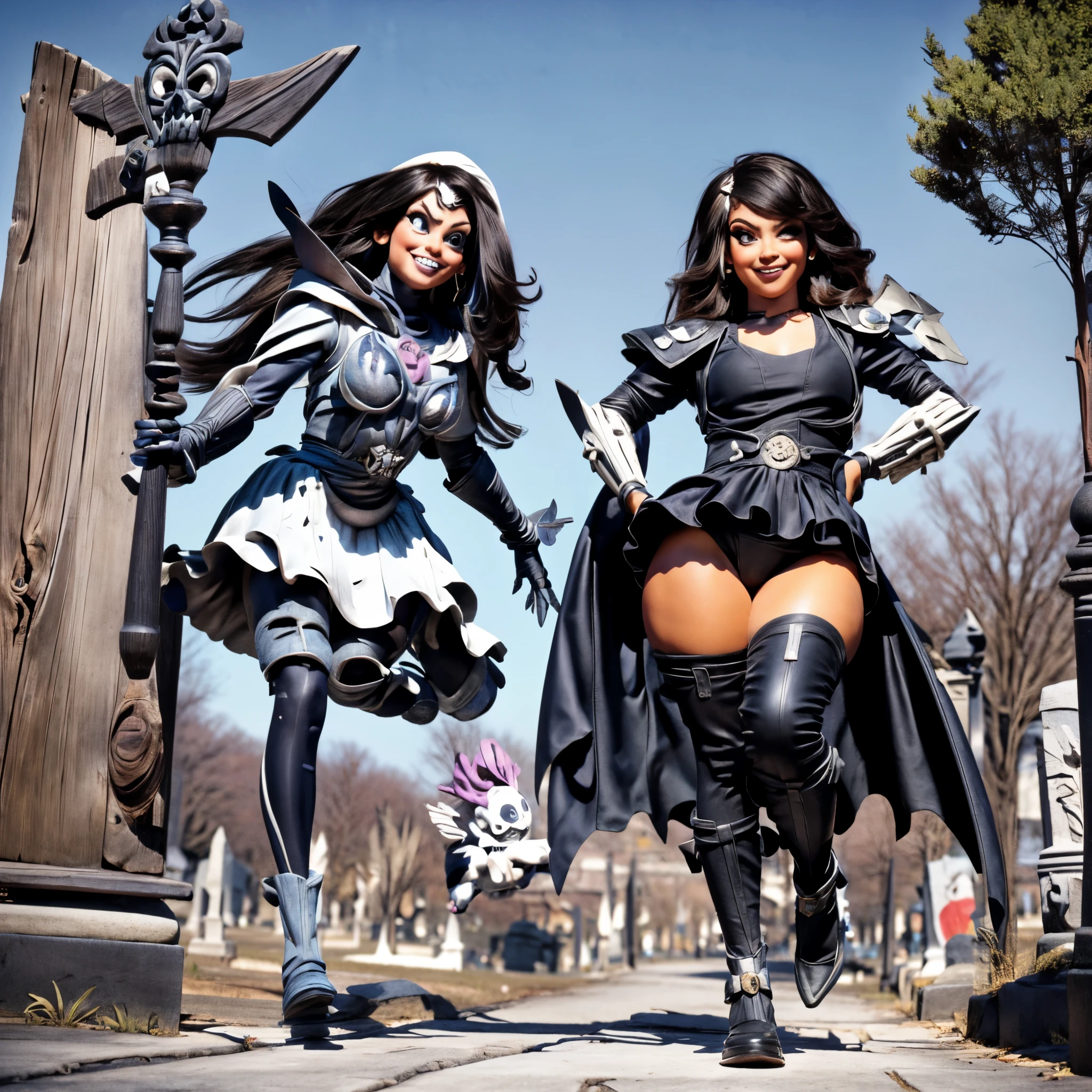 (best quality,4k,8k,highres,masterpiece:1.2),ultra-detailed,(realistic,photorealistic,photo-realistic:1.37),Pequena caveira, Estilo Disney Pixar, running through the graveyard and jumping over tombstones, vibrant colors, youthful energy, animated spirit, lively atmosphere, magical setting, dynamic motion, whimsical expressions, captivating storytelling, playful mood, enchanting adventure, cinematic composition, detailed skull, expressive eyes, whimsical smile, exaggerated facial features, colorful costumes and accessories, stylized animation, vibrant and charming characters, atmospheric lighting, hauntingly beautiful background, mystical ambiance, wide hips, gal.safetensors