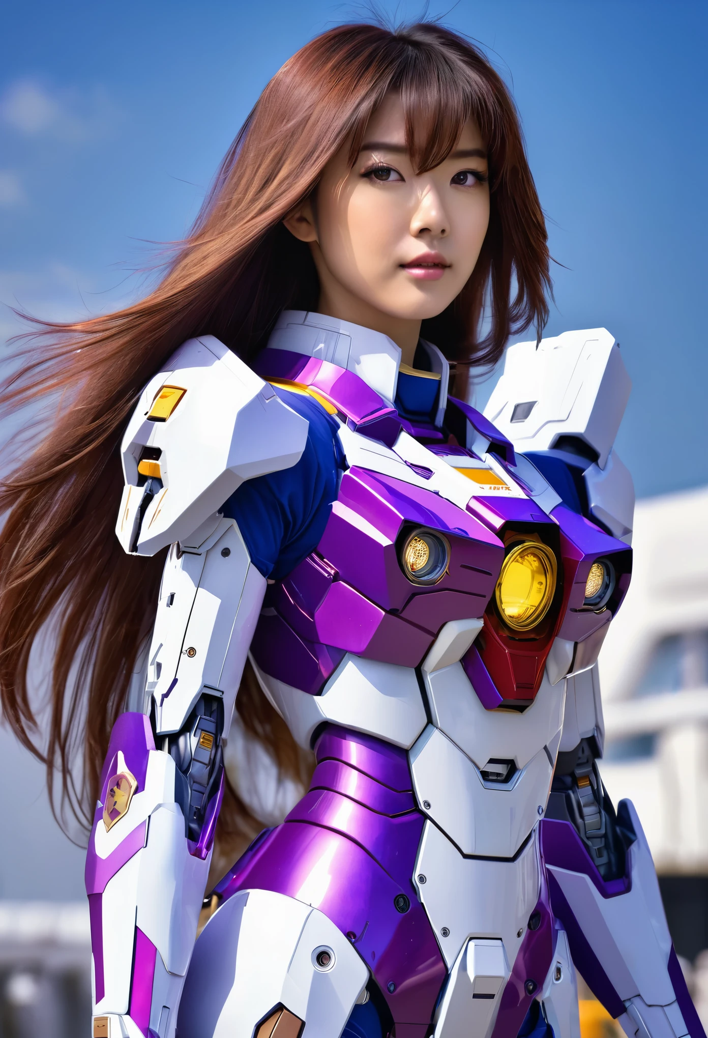 RAW, Masterpiece, Ultra Fine Photo,, Best Quality, Ultra High Resolution, Photorealistic, Sunlight, Full Body Portrait, Stunningly Beautiful,, Dynamic Poses, Delicate Face, Vibrant Eyes, a full body of a woman in a purple and white gundam custume, dybamic pose, very long brown very very long hair rapunzel very silky, girl in mecha cyber armor, portrait armored astronaut girl, d. va from overwatch, female mecha, on a gundam, gundam head, chiho aoshima color scheme, mobile suit, streamlined purple armor, fully robotic!! girl, realistic cosplay, gundam armor (dynamic pose) (best cameraview), full body, sit down, full body