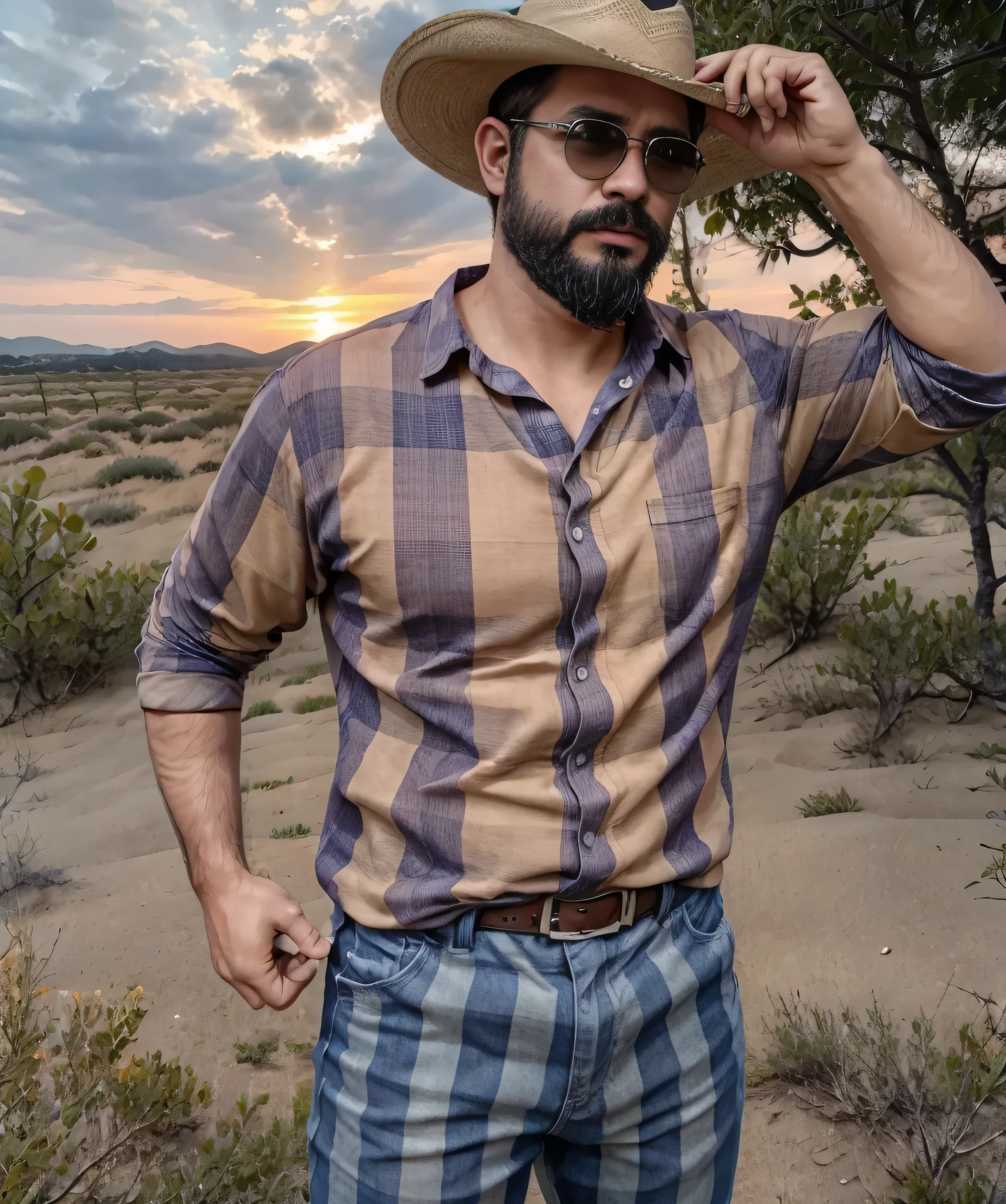 Obra maestra, desenfoque de campo, Parte superior del cuerpo, Hands in pants pockets , 38 year old man with beard, sombrero vaquero y gafas de sol. Con una pistola en su mano derecha.Man in a plaid shirt in a Netflix drug trafficking series with a sunset in the background.