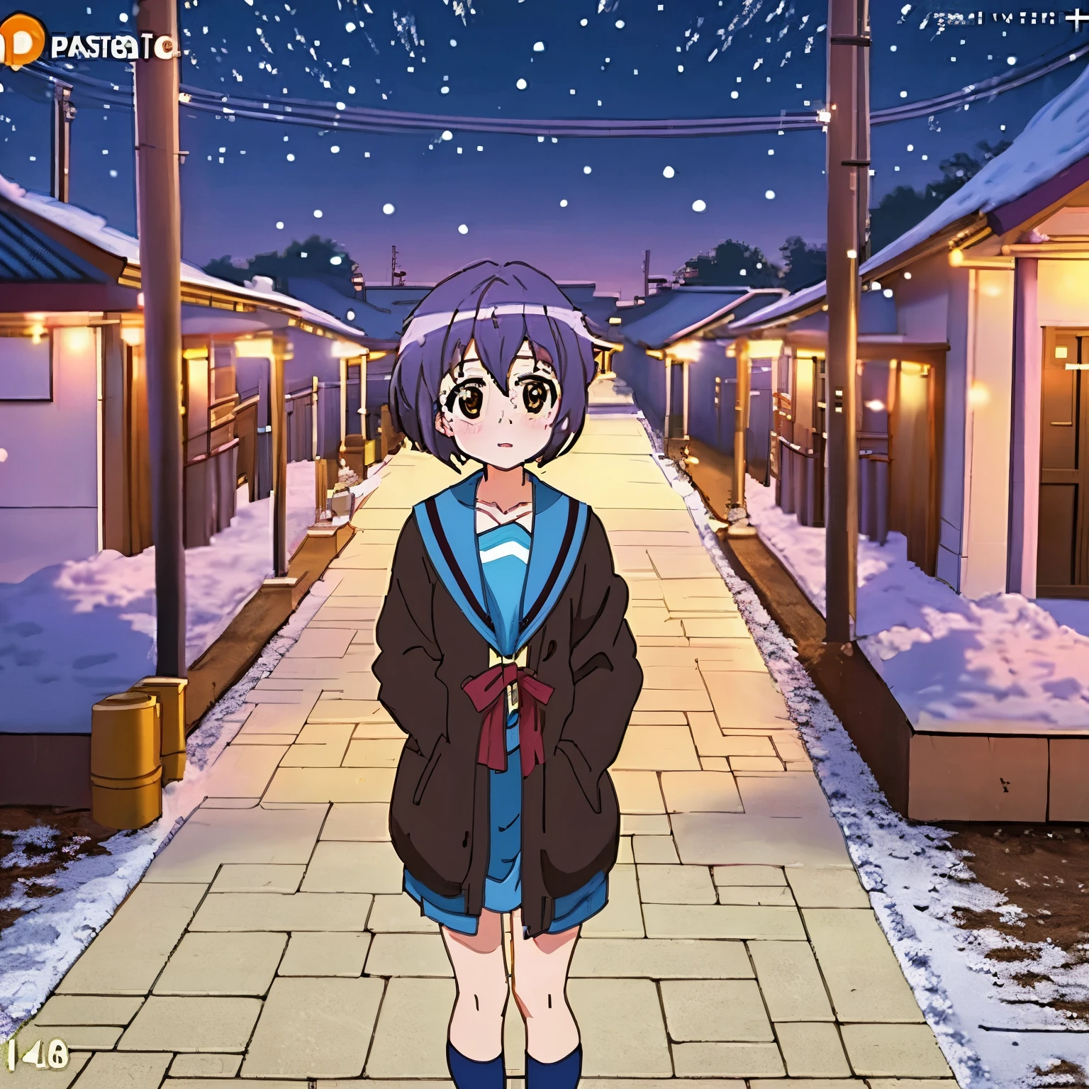 masterpiece, best quality, high resolution,
cowboy shot, anime coloring, 
 ,NIGHT, pavement, snowing, snow,utility pole,  (Pavement and Snowscape:1.2)
kyoani haruhi style, cinematic,
,kyoani haruhi style, 1girl, solo, yuki nagato, kita high , short hair, , blue sailor collar, sailor collar, serafuku, cardigan, purple hair, bangs, brown eyes, anime coloring, small breasts, ((masterpiece)), looking at viewer, a painting of a family in traditional clothing standing together, temple background, Thiti Luatthong, Husband, wife and son, Thai art, happy family, traditional art, Movie promotional pictures, Barong family, Official fan art, Sukhothai set, Patiphan Sotawilai, Patiphan Sotawilaiphong, traditional, Profile picture 1024px