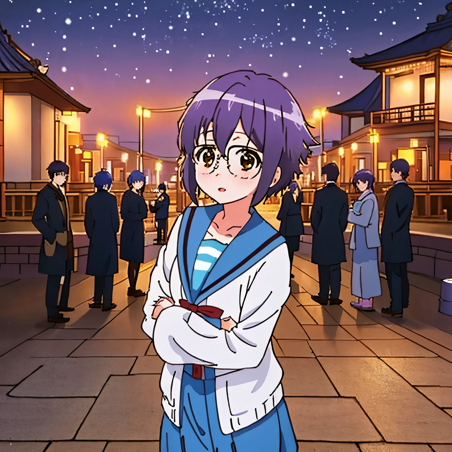 masterpiece, best quality, high resolution,
cowboy shot, anime coloring, 
 ,NIGHT, pavement, snowing, snow,utility pole,  (Pavement and Snowscape:1.2)
kyoani haruhi style, cinematic,
,kyoani haruhi style, 1girl, solo, yuki nagato, kita high , short hair, , blue sailor collar, sailor collar, serafuku, cardigan, purple hair, bangs, brown eyes, anime coloring, small breasts, ((masterpiece)), looking at viewer, a painting of a family in traditional clothing standing together, temple background, Thiti Luatthong, Husband, wife and son, Thai art, happy family, traditional art, Movie promotional pictures, Barong family, Official fan art, Sukhothai set, Patiphan Sotawilai, Patiphan Sotawilaiphong, traditional, Profile picture 1024px