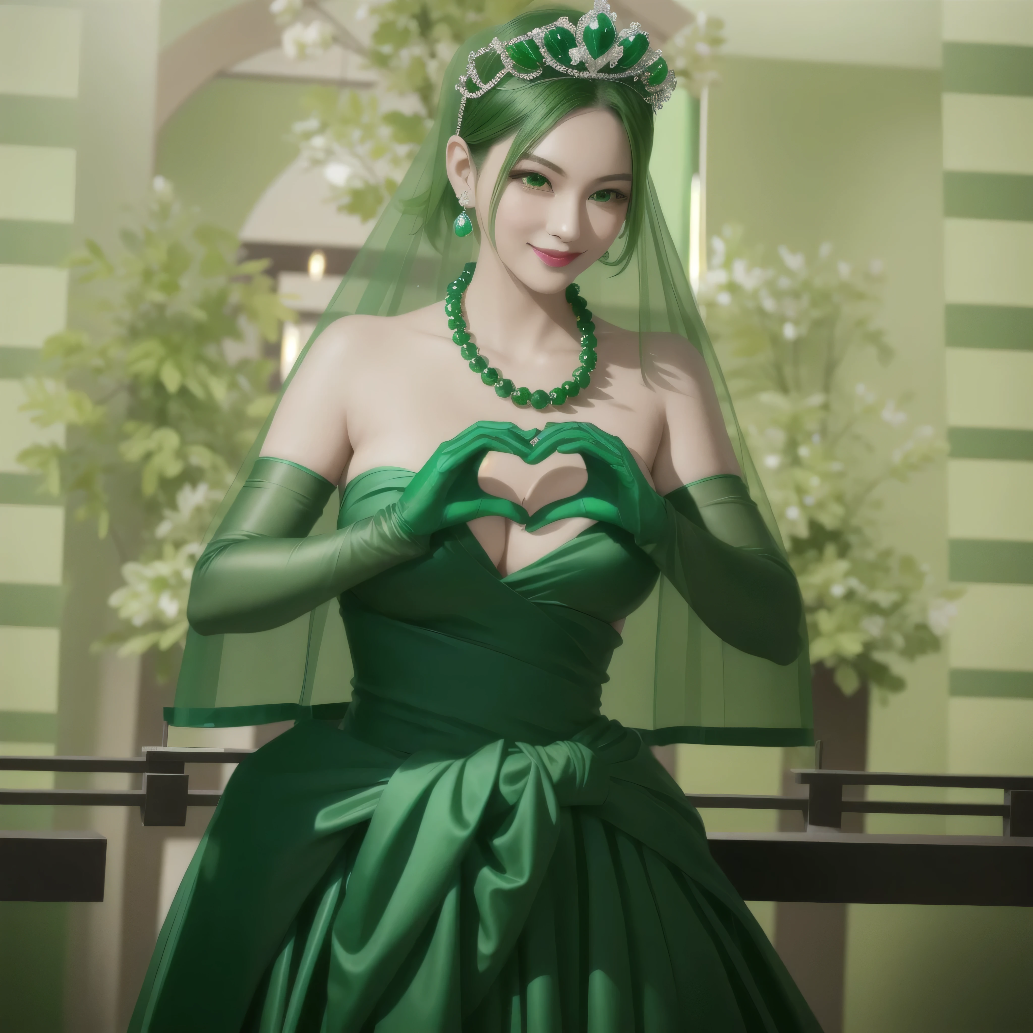 emerald tiara, green pearl necklace, boyish very short green hair, green lips, smiling Japanese woman, very short hair, Beautiful woman with big breasts, green eyes, green satin long gloves, green eyes, emerald earrings, green veil, Heart with both hands, green hair, beautiful japanese woman, heart shaped hands:1.3, green lip gloss