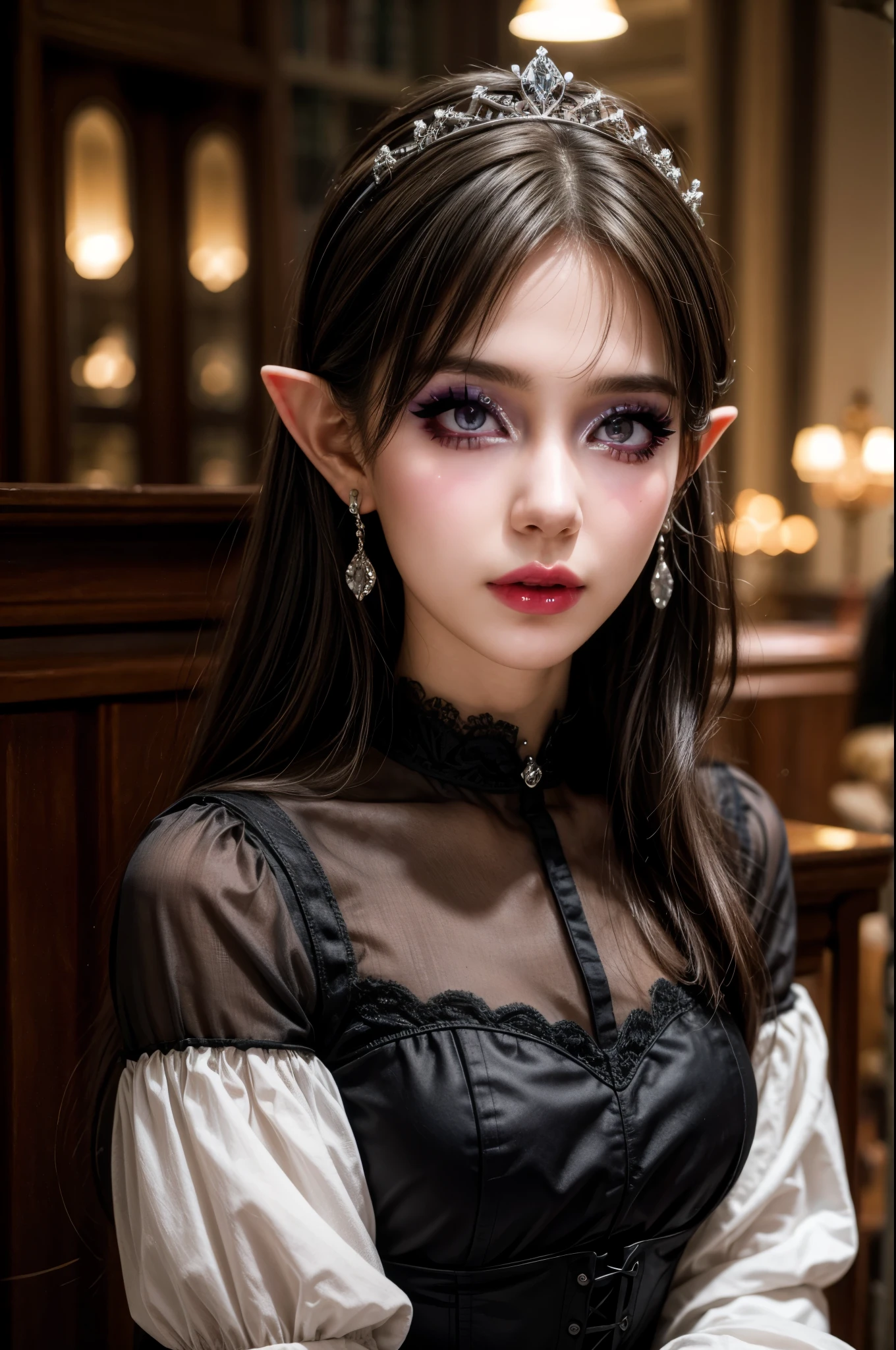 masterpiece,best quality,realistic,highres,Highly detailed,blurry background,1girl,((portrait)),close-up,bangs,elf,elf ear,crystal earrings,((crown)),crystal crown,(black dress),(juliet sleeves),corset,red_bow,collar,((night)),fluorescent plant,neon lights,