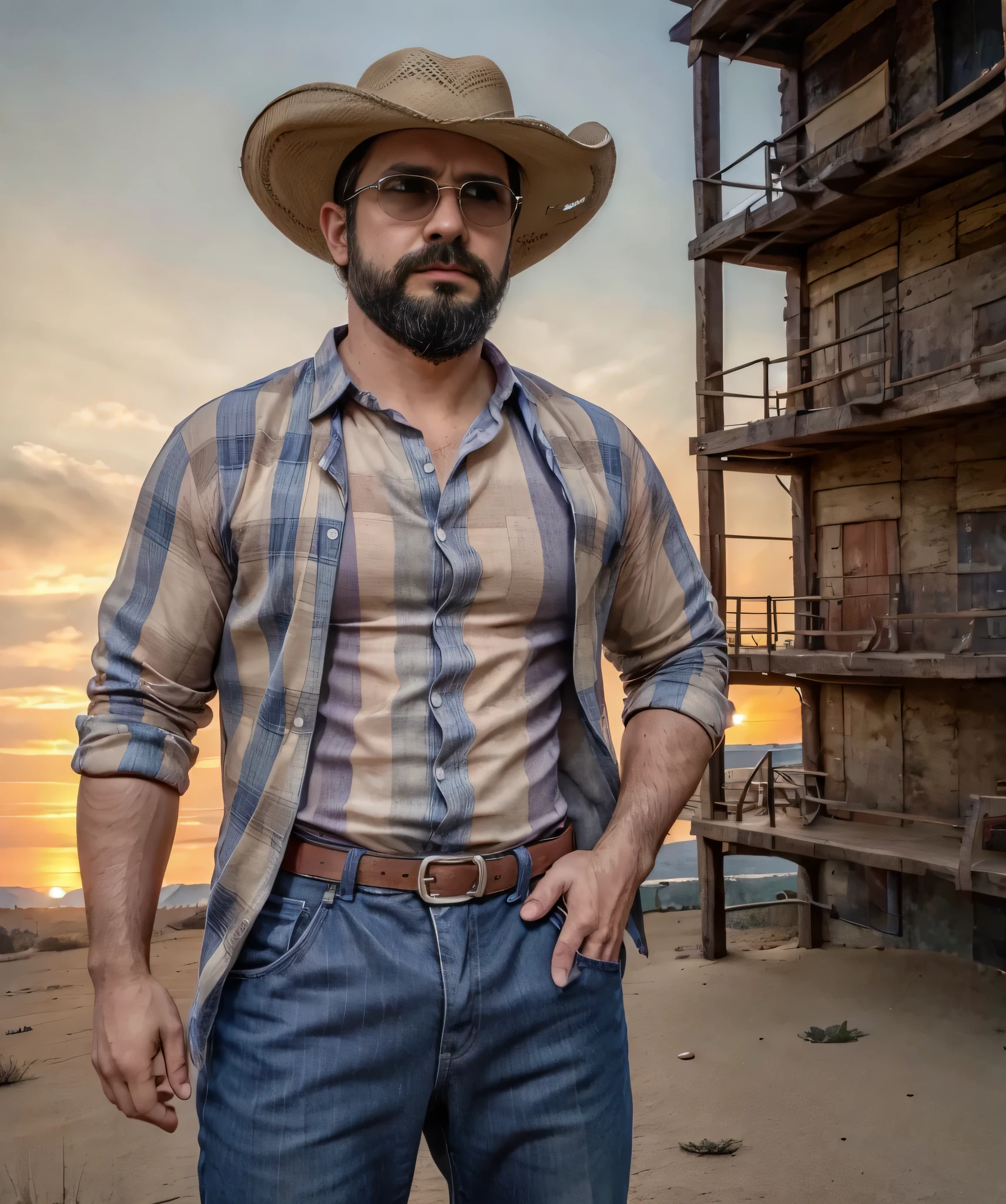 Obra maestra, desenfoque de campo, Parte superior del cuerpo, Hands in pants pockets , 38 year old man with beard, sombrero vaquero blanco y gafas de sol. Con una pistola en su mano derecha.Man in a plaid shirt in a Netflix drug trafficking series with a sunset in the background.