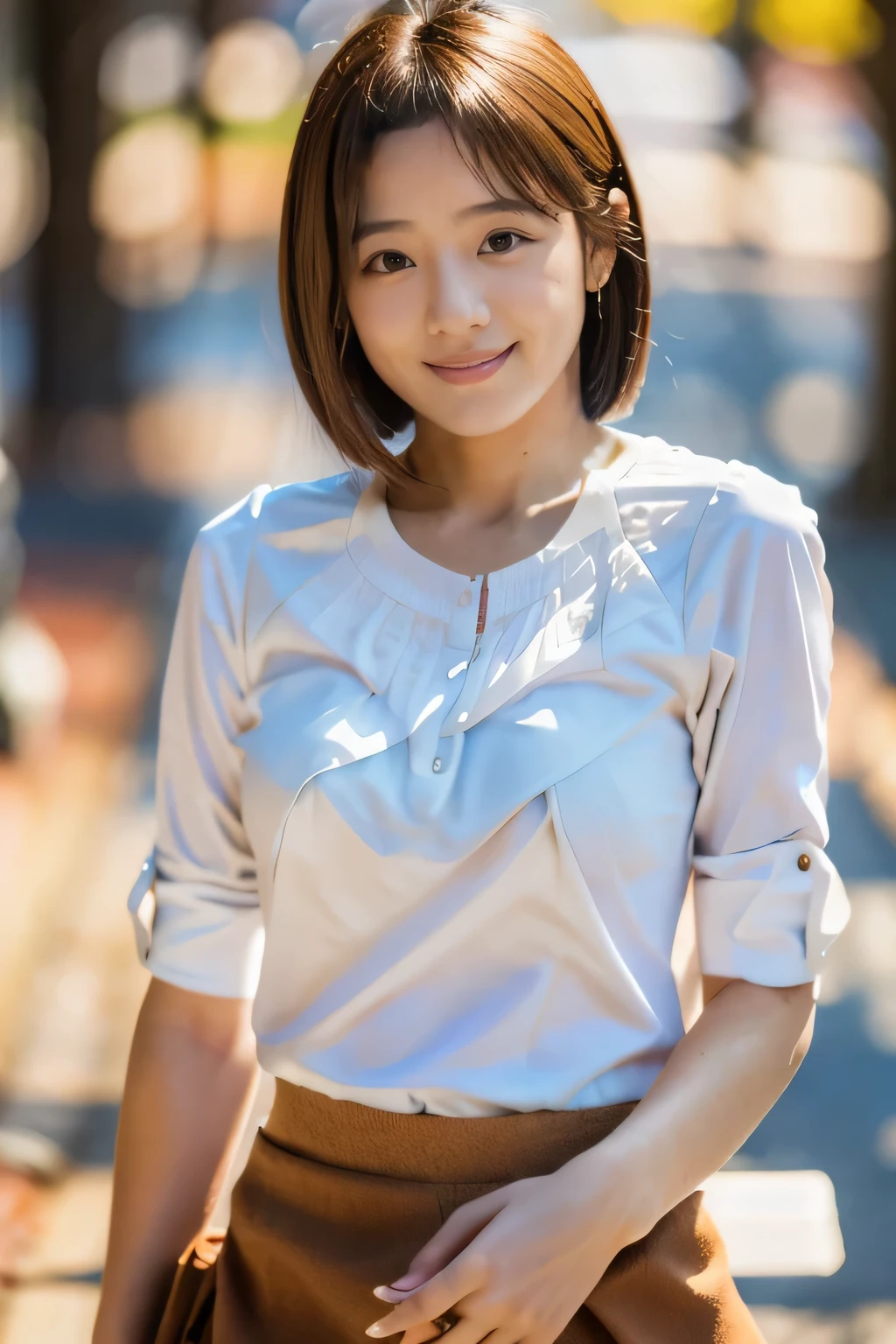 masterpiece, highest quality, Photoreal, Super detailed, finely, High resolution, 8k wallpaper, Professional, Advanced level of detail, ((One 20-year-old girl:1.2)), Slender Japanese women,cute lips, detailed clavicle, Medium chest、perfect face, (Front facing:1.2)、(Cute short hair:1.5), chestnut hair、(White blouse with flared skirt:1.5)、cute face、(looking straight ahead:1.5)、(brown skin:1.5)、full body shot、(cute smile:1.5)、Balanced Professional Portion、