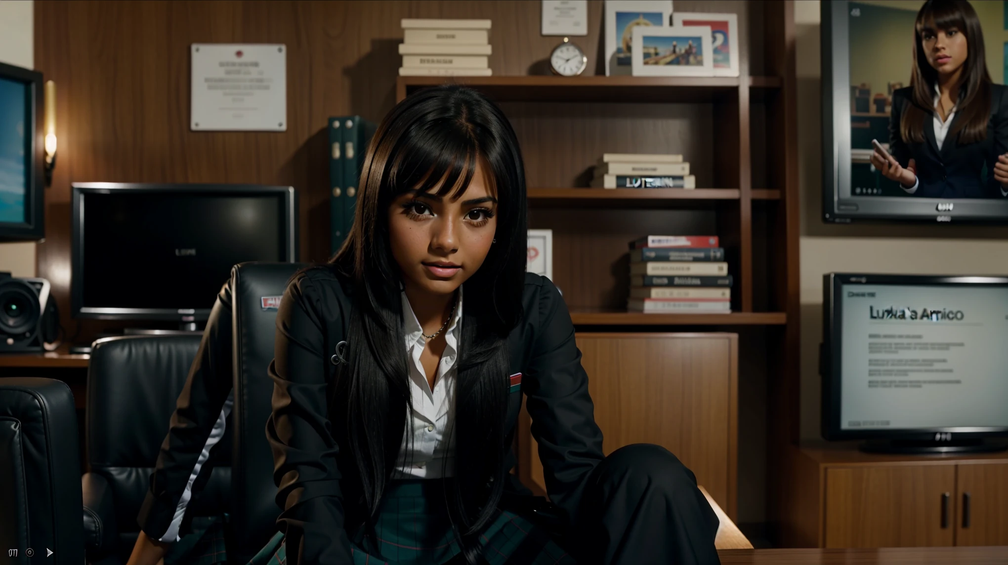 DSLR photo of Luzzei Alexia Amas, she is an Impressively perfect mexican brunnette, tanned skin latina goddess, 18 years old, pinterest and Instagram model, She is wearing skirt uniform she is in the dean's office , arafed woman sitting in a chair in a room with a desk, noire moody scene, youtube video screenshot, sitting in dean's office, movie screen shot, age vanessa morgan, screenshot from a movie, still from a music video, tv commercial, screen cap, blunt bangs fall on her forehead, favorite scene, she has black hair with bangs