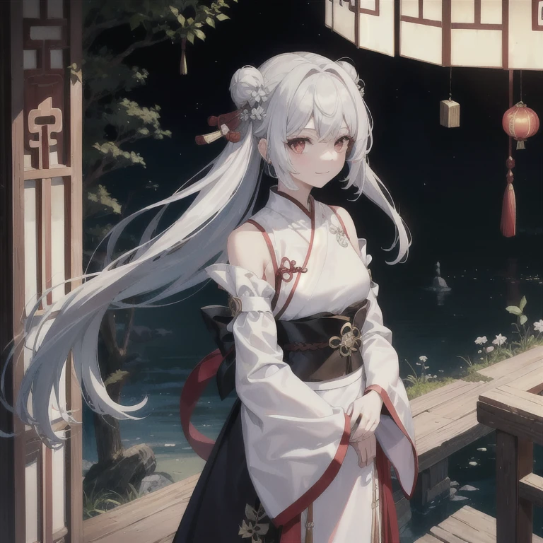 masterpiece, best quality, 1 girl, alone, long hair, looking at the audience, Smile, Bangs, hair accessories, Red eyes, long sleeve, skirt, permanent, clavicle, white hair, gray hair, alternative clothing, wide sleeves, Tree, Chinese clothes, hairpin, hanfu, ningguang (Genshin Impact), ningguang,