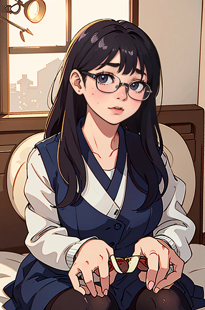 Japanese woman sitting on the bed with glasses on,Young beautiful girl gravure idol, 1,(Raw photo:1.2), (realistic:1.4), random pose,Meticulous beautiful girl, highly detailed eyes and face, detailed and beautiful eyes, absurd, incredibly ridiculous, huge file size, super detailed, High resolution, best quality,((Japanese girls' high school uniform)),enlightenment,cg,amazing cleavage,finely,best quality,face light,cinematic lighting, (wearing glasses),((pantyhose)),((sit with legs apart)),cute freckles.Mole under left eye,upward glance,
