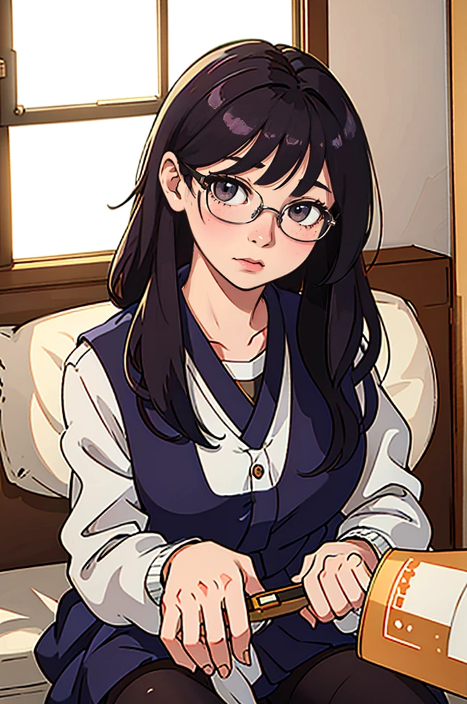 Japanese woman sitting on the bed with glasses on,Young beautiful girl gravure idol, 1,(Raw photo:1.2), (realistic:1.4), random pose,Meticulous beautiful girl, highly detailed eyes and face, detailed and beautiful eyes, absurd, incredibly ridiculous, huge file size, super detailed, High resolution, best quality,((Japanese girls' high school uniform)),enlightenment,cg,amazing cleavage,finely,best quality,face light,cinematic lighting, (wearing glasses),((pantyhose)),((sit with legs apart)),cute freckles.Mole under left eye,upward glance,