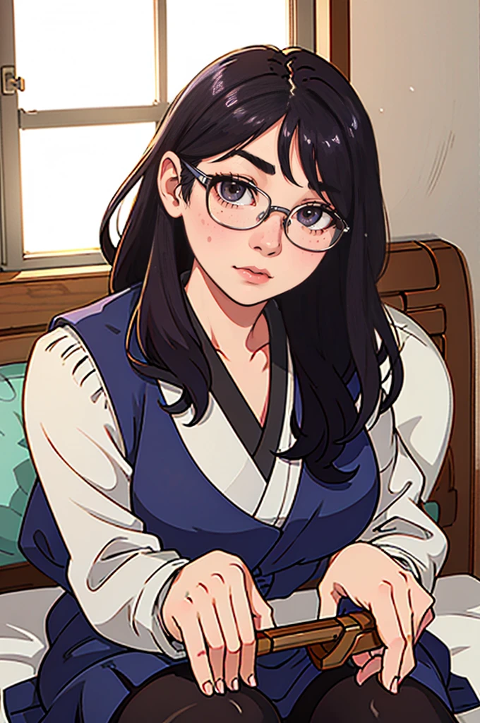 Japanese woman sitting on the bed with glasses on,Young beautiful girl gravure idol, 1,(Raw photo:1.2), (realistic:1.4), random pose,Meticulous beautiful girl, highly detailed eyes and face, detailed and beautiful eyes, absurd, incredibly ridiculous, huge file size, super detailed, High resolution, best quality,((Japanese girls' high school uniform)),enlightenment,cg,amazing cleavage,finely,best quality,face light,cinematic lighting, (wearing glasses),((pantyhose)),((sit with legs apart)),cute freckles.Mole under left eye,upward glance,