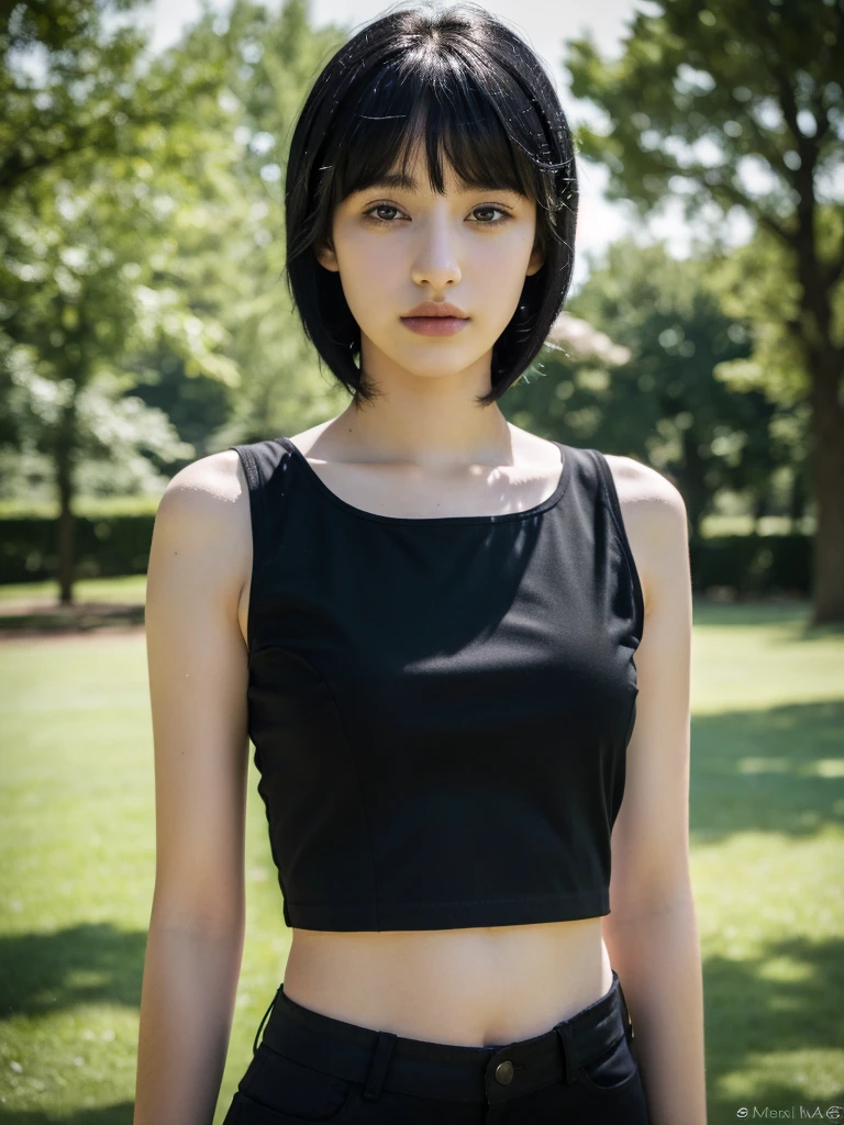( masterpiece, top quality, best quality,8k,17 years old girl,ultra detailed,raw photo:1.5),(photorealistic:1.4), (bob cut, black hair:1.5), (cinematic lighting), PerfectNwsjMajic, , Surrealism, UHD, ccurate, Super detail, textured skin, High detail, Best quality, dynamic angle, (high nose,White skin),[Beautiful eyes],[flat chest:large breasts:0.5],(1girl),(good anatomy:0.5)),(outside:1.5),Shirt 