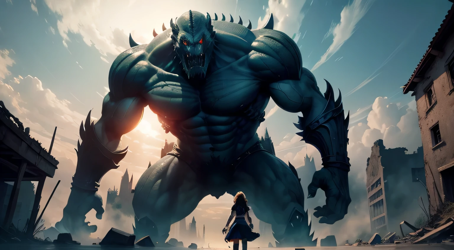 (masterpiece), (highest quality),Anime Style, any humans, attacked by monster, , Battlefield Background、Composition from behind