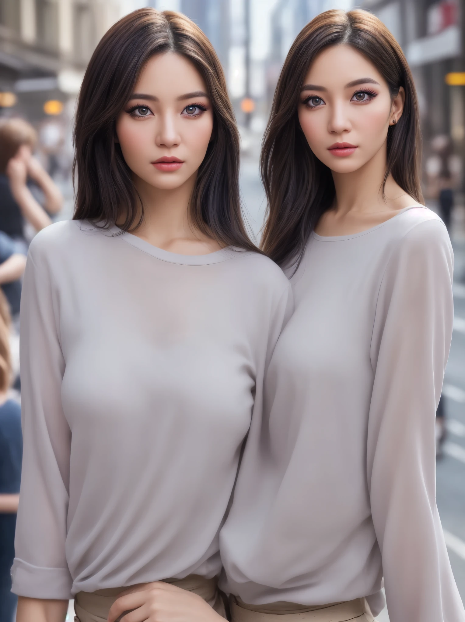 woman, (realistic), (hyper realism), (photorealistic), Depth of the bounds written, eye make up:0.5, (Upper body:1.2), (tight waist:0.7), looking at the viewer, casual clothes, on the city street,