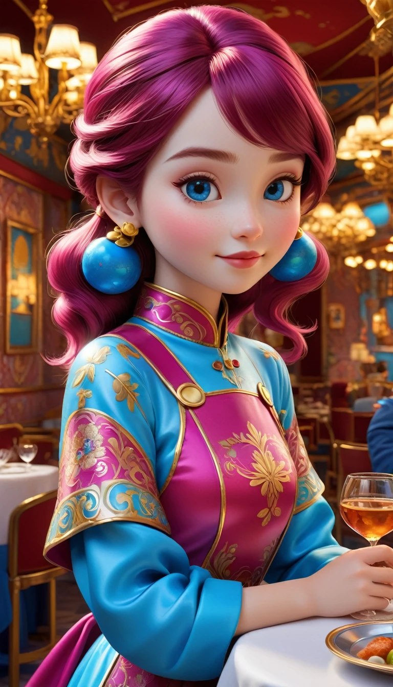 (Cute girl in restaurant at cloisonne theme park），visitor，Tapas，dreamland dreamland，ultra-realistic realism，Asymmetrical balance ，( magenta ）Carmine＋( blue white colors ）Blue-cyan＋( tin foil gold ）golden colored，pixar character