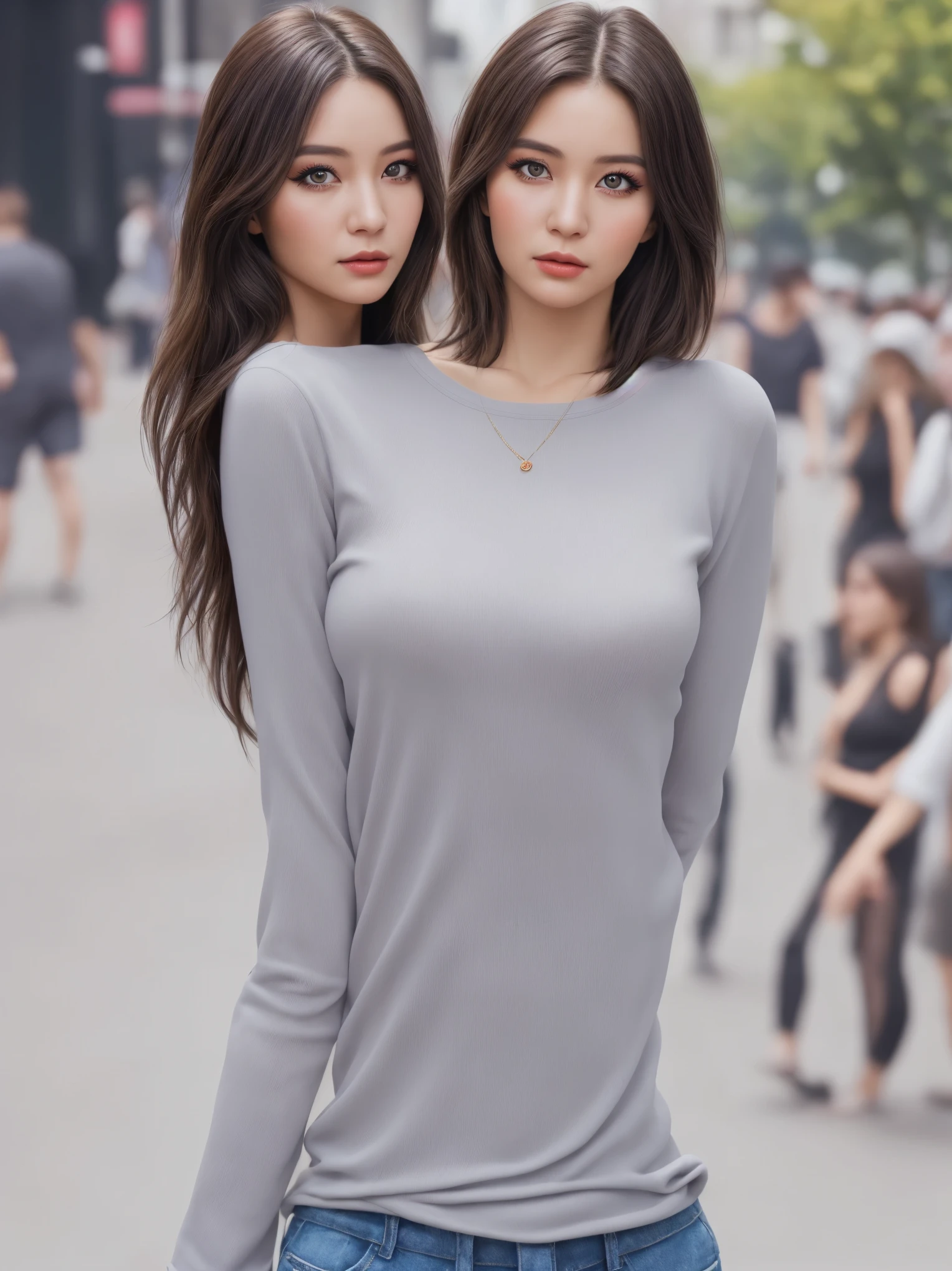 woman, (realistic), (hyper realism), (photorealistic), Depth of the bounds written, eye make up:0.5, (Upper body:1.2), (tight waist:0.7), looking at the viewer, casual clothes, on the city street,