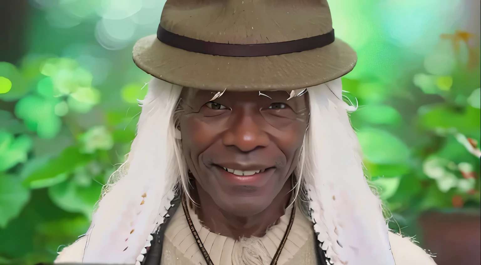 an old man, white long wooly hair, wearing a hat, dark skin, smiling, realistic
