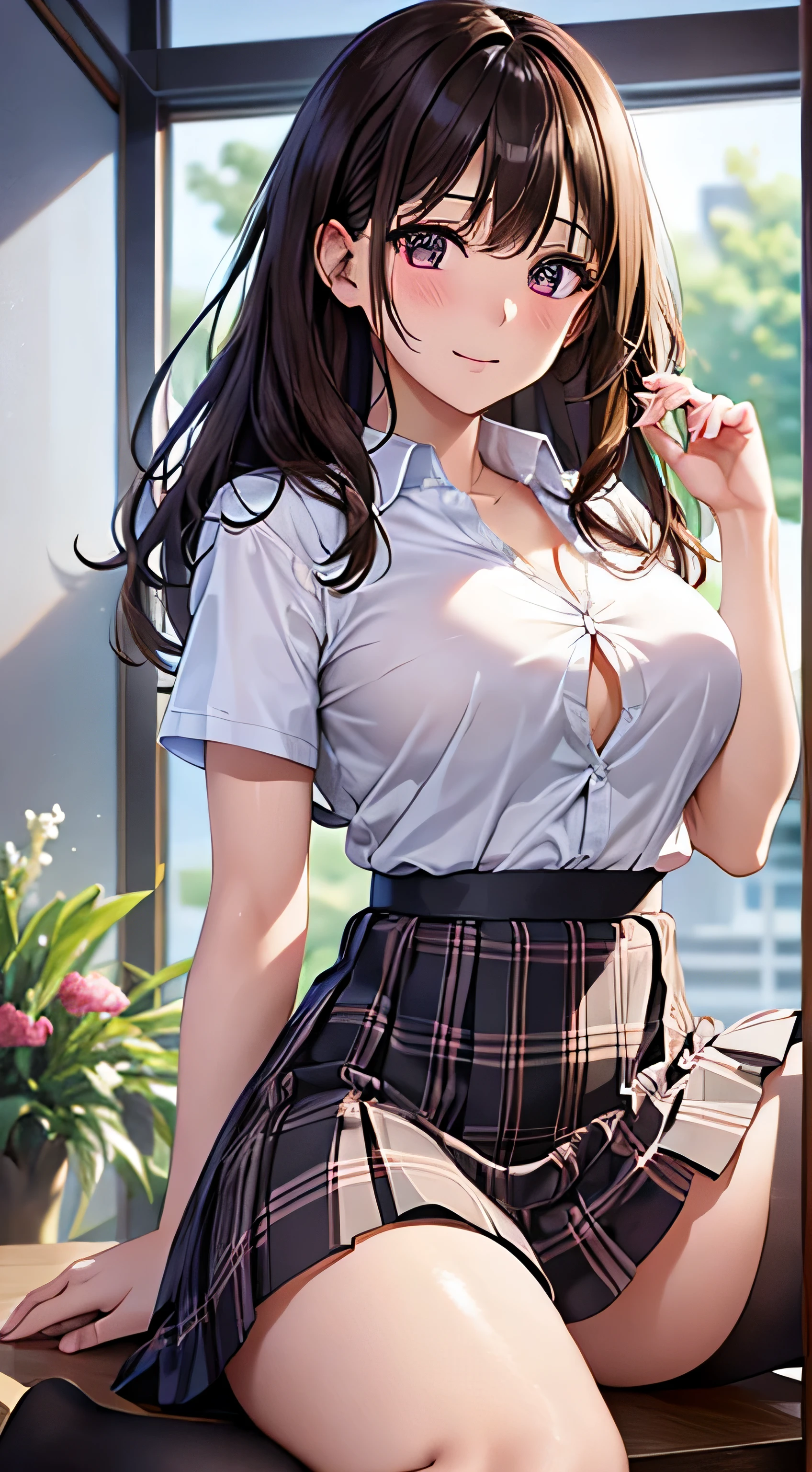 ((table top, highest quality, High resolution, nffsw, perfect pixel, 4k, nffsw, nffsw))), 1 girl, single, alone, beautiful woman、I could see the whole body、 ((short wavy hair, bangs, brown hair)), ((brown eyes, beautiful eyelashes, realistic eyes)), ((detailed face, blush:1.2)), ((smooth texture:0.75, realistic texture:0.65, realistic:1.1, Anime CG style)), medium breasts, dynamic angle, perfect body, ((school uniform, white shirt, black skirt, unbuttoned shirt、plaid skirt、not wearing shoes、white socks)), classroom without people、sit at desk、..、evening、、、Very embarrassing panic smile、(lift the skirt with your right hand、open your legs、open your knees wide、pink floral lace panties)、、(pink lace bra)、angle from below