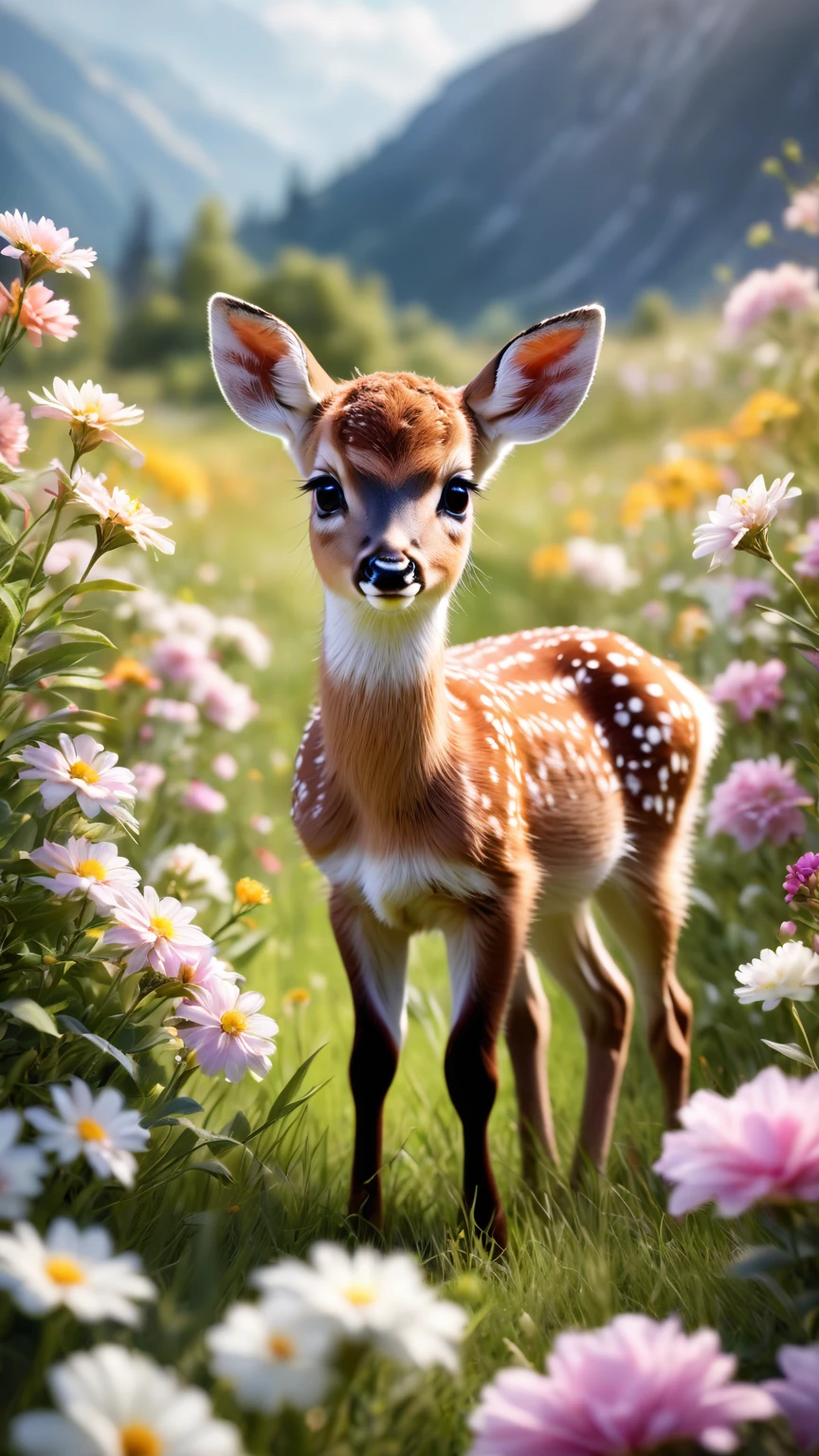 hyperrealistic glamour photo of a cute little baby deer surrounded by beautiful flowers in a meadow, beautiful eyes, sunlight, (high quality:1.2), extremely detailed fur, masterpiece, best quality, photograph, dreamlike, face focus, intricate details, sharp focus, photography, photorealism, photorealistic, soft focus, volumetric light, (****), (intricate details), (hyperdetailed), high detailed, lot of details, high quality, soft cinematic light, dramatic atmosphere, atmospheric perspective, raytracing, subsurface scattering,