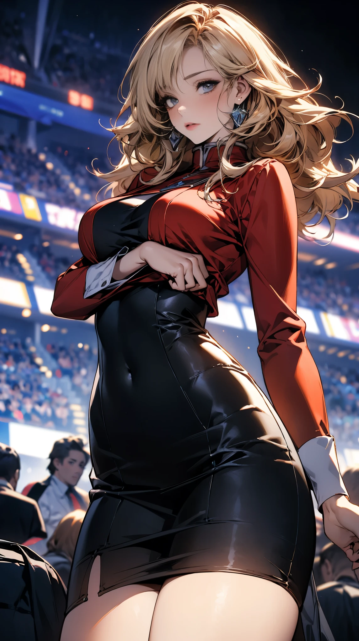 (ultra high resolution, 8K original image, lifelike, thin outline), (movie lighting, Textile shading), (巨Big deal乳房, Breast sagging, Big deal , split), 1 female knight, ((,milf:1.2)), 20 years old, (long side slit skirt), blush, in hot state, ashamed, looking at the audience, blonde hair, night, Clothes that highlight body lines, (Dynamic angle, from the center below) , (Gundam driver)