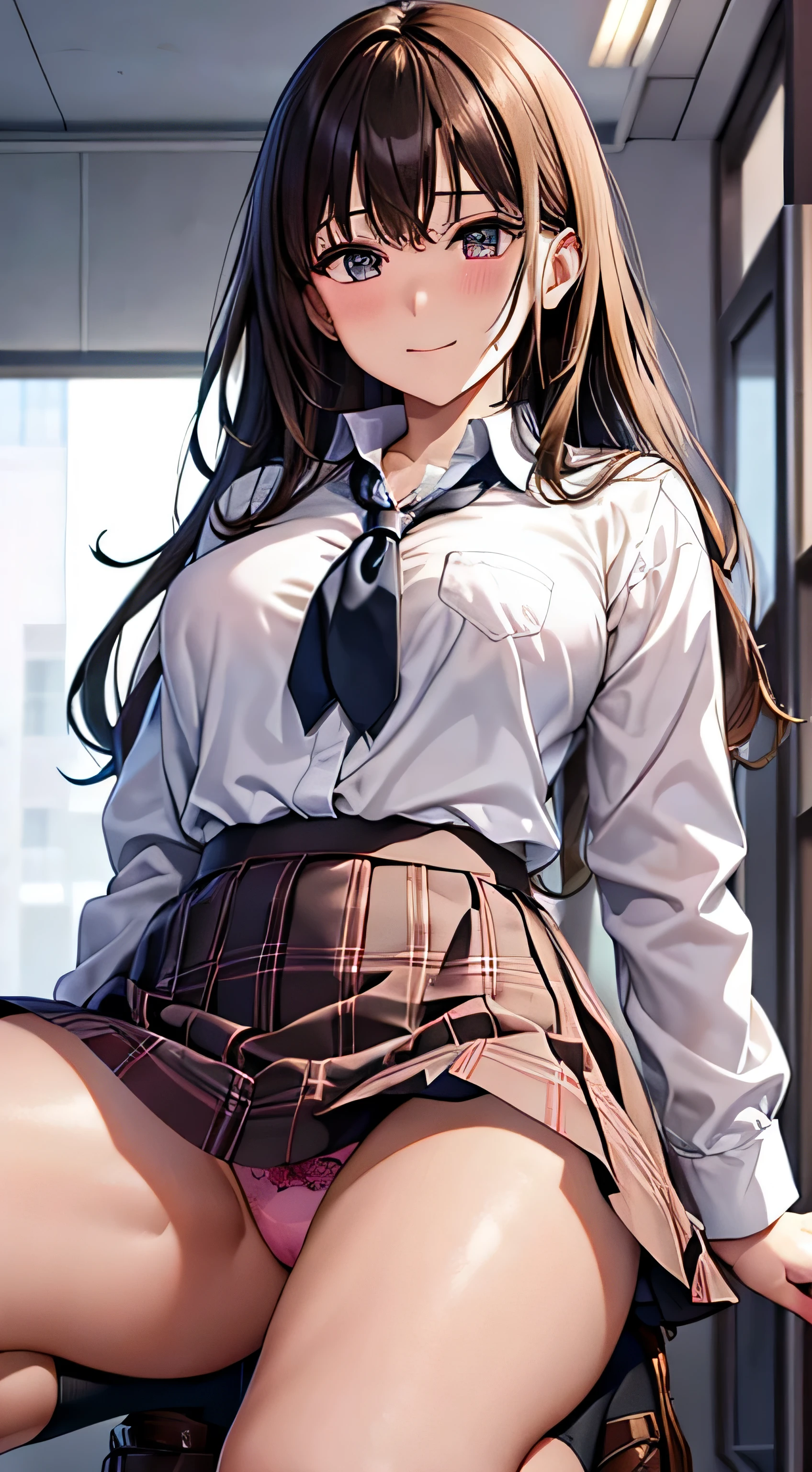 ((table top, highest quality, High resolution, nffsw, perfect pixel, 4k, nffsw, nffsw))), 1 girl, single, alone, beautiful woman、I could see the whole body、 ((short wavy hair, bangs, brown hair)), ((brown eyes, beautiful eyelashes, realistic eyes)), ((detailed face, blush:1.2)), ((smooth texture:0.75, realistic texture:0.65, realistic:1.1, Anime CG style)), medium breasts, dynamic angle, perfect body, ((school uniform,  white shirt, black skirt, unbuttoned shirt、plaid skirt、not wearing shoes、white socks)), classroom without people、sit at desk、..、evening、、、Very embarrassing panic smile、(lift the skirt with your right hand、open your legs、open your knees wide、pink floral lace panties)、、(pink lace bra)、angle from below