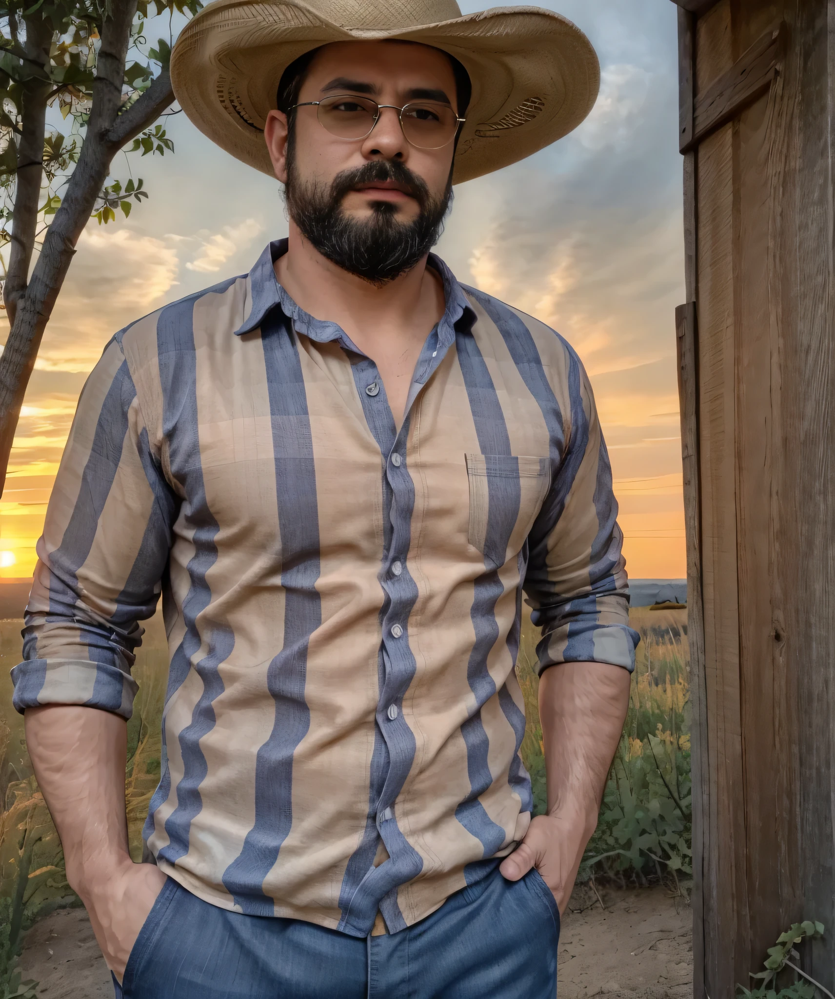 Obra maestra, desenfoque de campo, Parte superior del cuerpo, Hands in pants pockets , 38 year old man with beard, sombrero vaquero y gafas de sol. Man in a plaid shirt in a Netflix drug trafficking series with a sunset in the background.