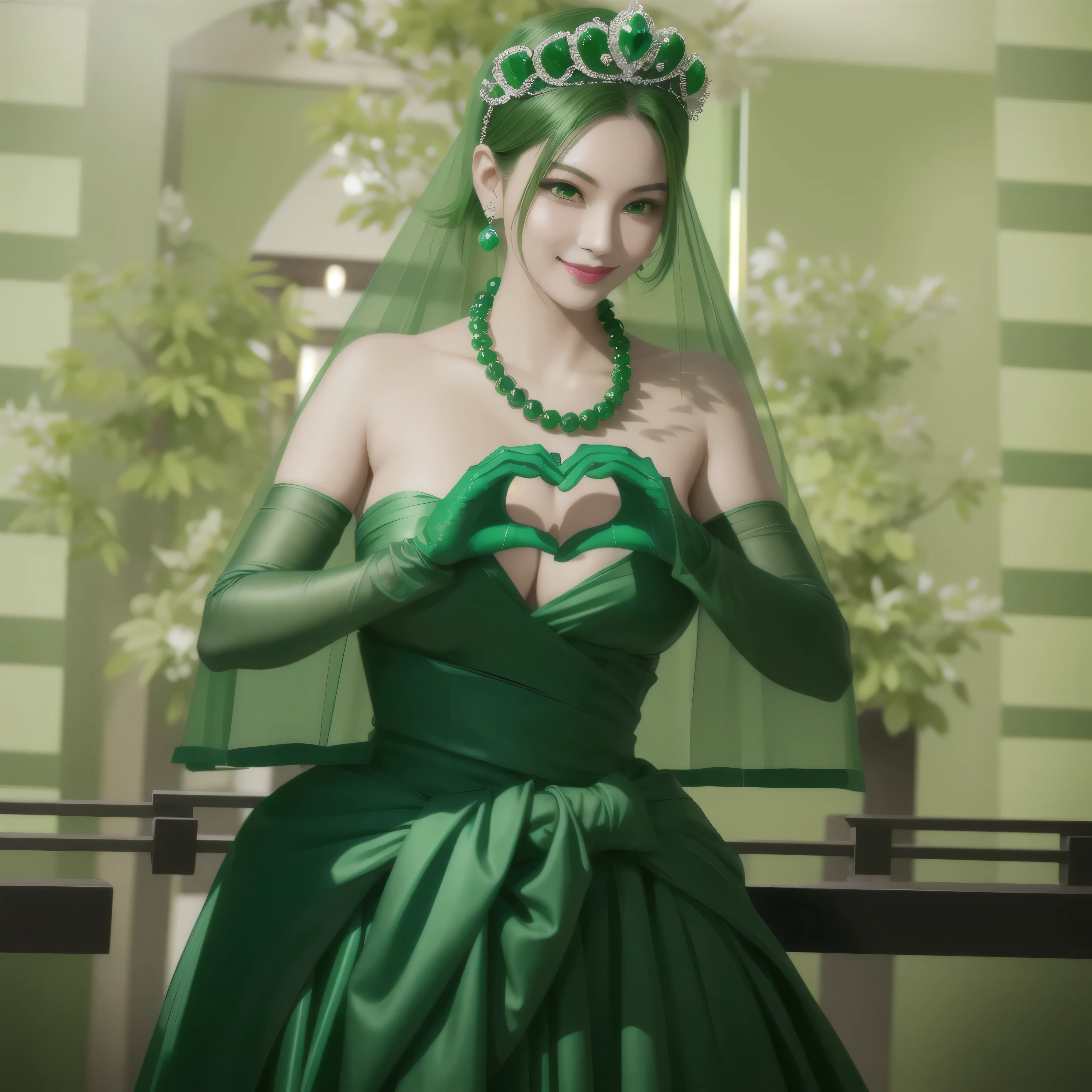 emerald tiara, green pearl necklace, boyish very short green hair, green lips, smiling Japanese woman, very short hair, Beautiful woman with big breasts, green eyes, green satin long gloves, green eyes, emerald earrings, green veil, Heart with both hands, green hair, beautiful japanese woman, heart shaped hands:1.3, green lip gloss