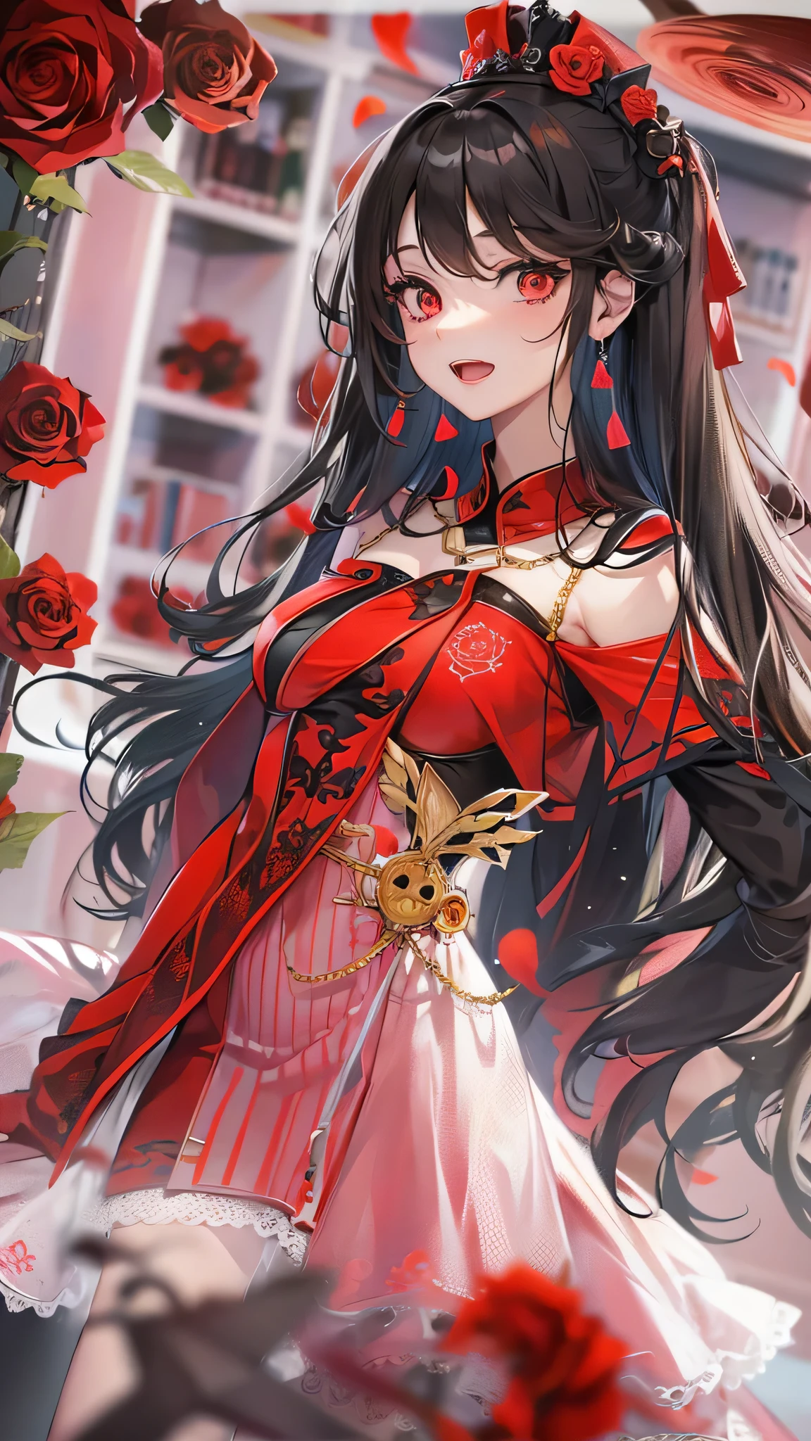 perfect anatomy, masterpiece:1.4, best quality, 8k, (in a red rose photo scenery, layered dress), full body (solo straight black hair long hair femdom cute girl, 18 yo, detailed red eyes, beautiful rozy mouth, best smile, open mouth), break, open arms, in the Costume room.