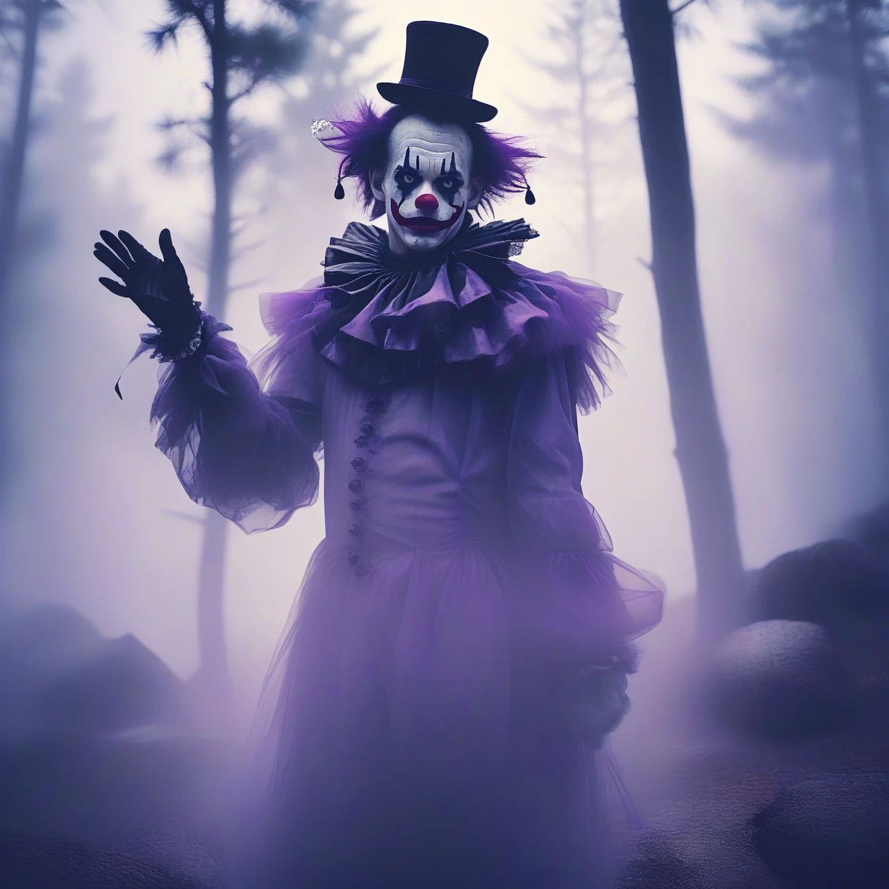 Manu Clowns in A place with a morbid look that resembles a funeral, pine trees (foggy:1.2), silhouetted in soft shadow (full body photograph:1.2) (Purple Mountain Majesty clown outfit:1.3) (beautiful supermodel:1.1) dancing with arms out detailed background bokeh Fairypunk art by Commedia dell'Arte art by Koloman Moser BY Ferrofluid art by tim flach--v 6.0 --ar 4:3 --style raw --s 650 --v 6.0
