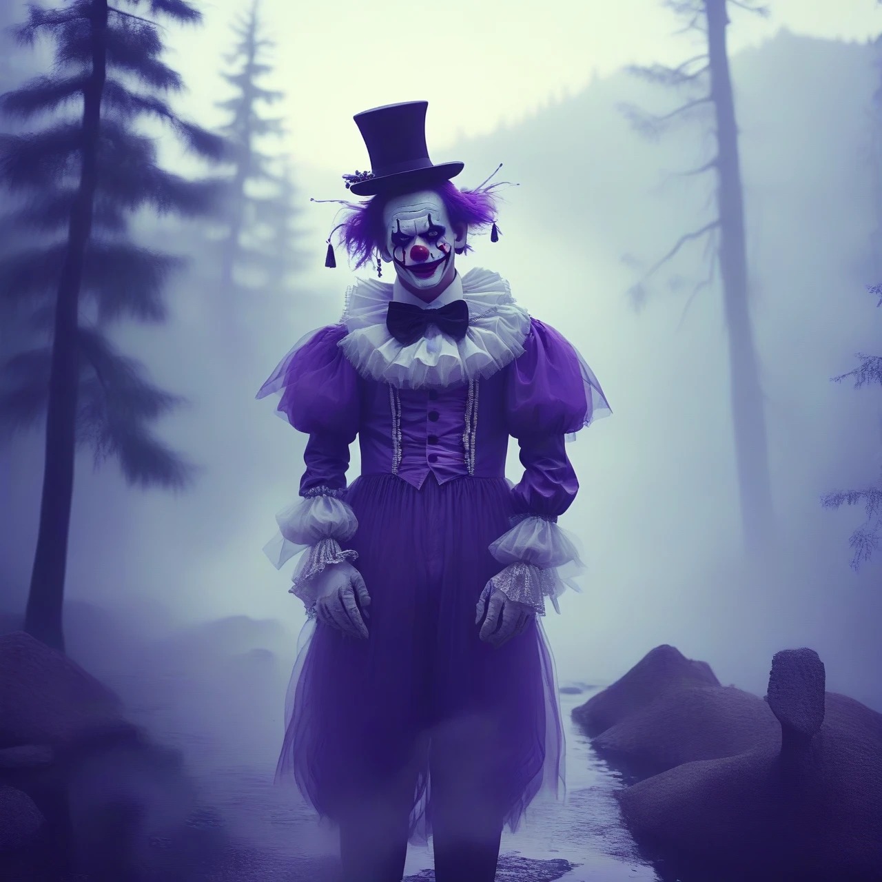 Many Clowns with clown heads coming out of trees in A place with a morbid look that resembles a funeral, pine trees (foggy:1.2), silhouetted in soft shadow (full body photograph:1.2) (Purple Mountain Majesty clown outfit:1.3) (beautiful supermodel:1.1) dancing with arms out detailed background bokeh Fairypunk art by Commedia dell'Arte art by Koloman Moser BY Ferrofluid art by tim flach--v 6.0 --ar 4:3 --style raw --s 650 --v 6.0