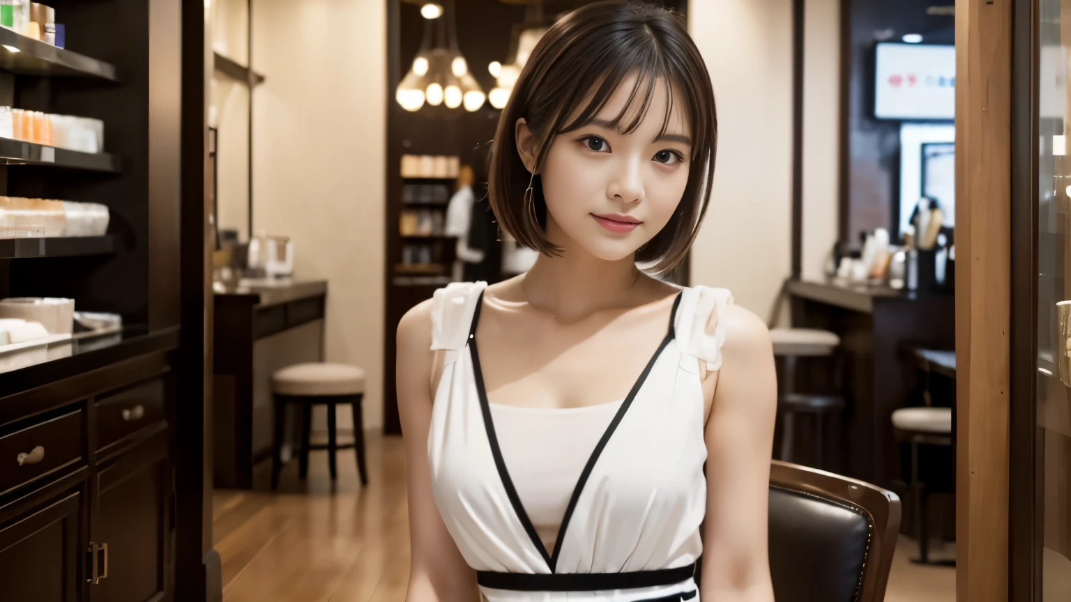 ((Top Quality, 8K, Masterpiece: 1.3)), Beautiful girl, pure, melon face, gentle and cute, sweet kissing gesture, sweet smile, pure desire, slender body, (front), (tilted head) , ((Looking at camera)) , Wearing a patterned casual dress, medium hair, normal chest, long flowing shoulders, round black big eyes, clear big eyes, moist red lips, sweet, sitting on a chair, Background of the cafe terrace in the afternoon, (((shot from the chest up))),