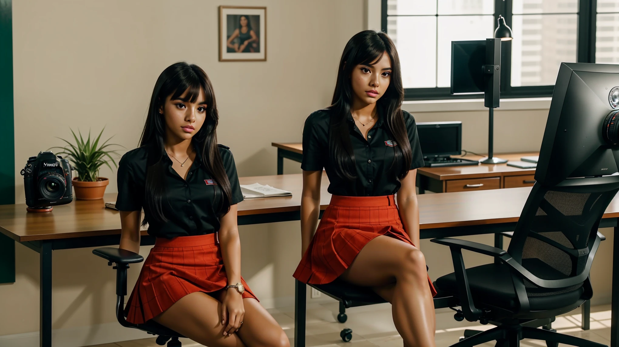 DSLR photo of Luzzei Alexia Amas, she is an Impressively perfect mexican brunnette, tanned skin latina goddess, 18 years old, pinterest and Instagram model, She is wearing skirt uniform she is in the dean's office with her delicious legs up above the desk, erotic , arafed woman sitting in a chair in a room with a desk, noire moody scene, youtube video screenshot, sitting in dean's office, movie screen shot, age vanessa morgan, screenshot from a movie, still from a music video, tv commercial, screen cap, blunt bangs fall on her forehead, favorite scene, she has black hair with bangs
