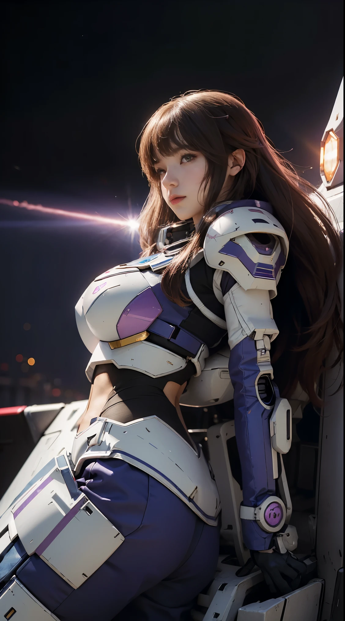 RAW, Masterpiece, Ultra Fine Photo,, Best Quality, Ultra High Resolution, Photorealistic, Sunlight, Full Body Portrait, Stunningly Beautiful,, Dynamic Poses, Delicate Face, Vibrant Eyes, (Side View) a close up of a woman in a pink and white gundam custume, dybamic pose, long brown very very long hair rapunzel, girl in mecha cyber armor, portrait armored astronaut girl, d. va from overwatch, female mecha, on a gundam, gundam head, chiho aoshima color scheme, mobile suit, streamlined purple armor, fully robotic!! girl, realistic cosplay, gundam armor (dynamic pose) (best cameraview), full body
